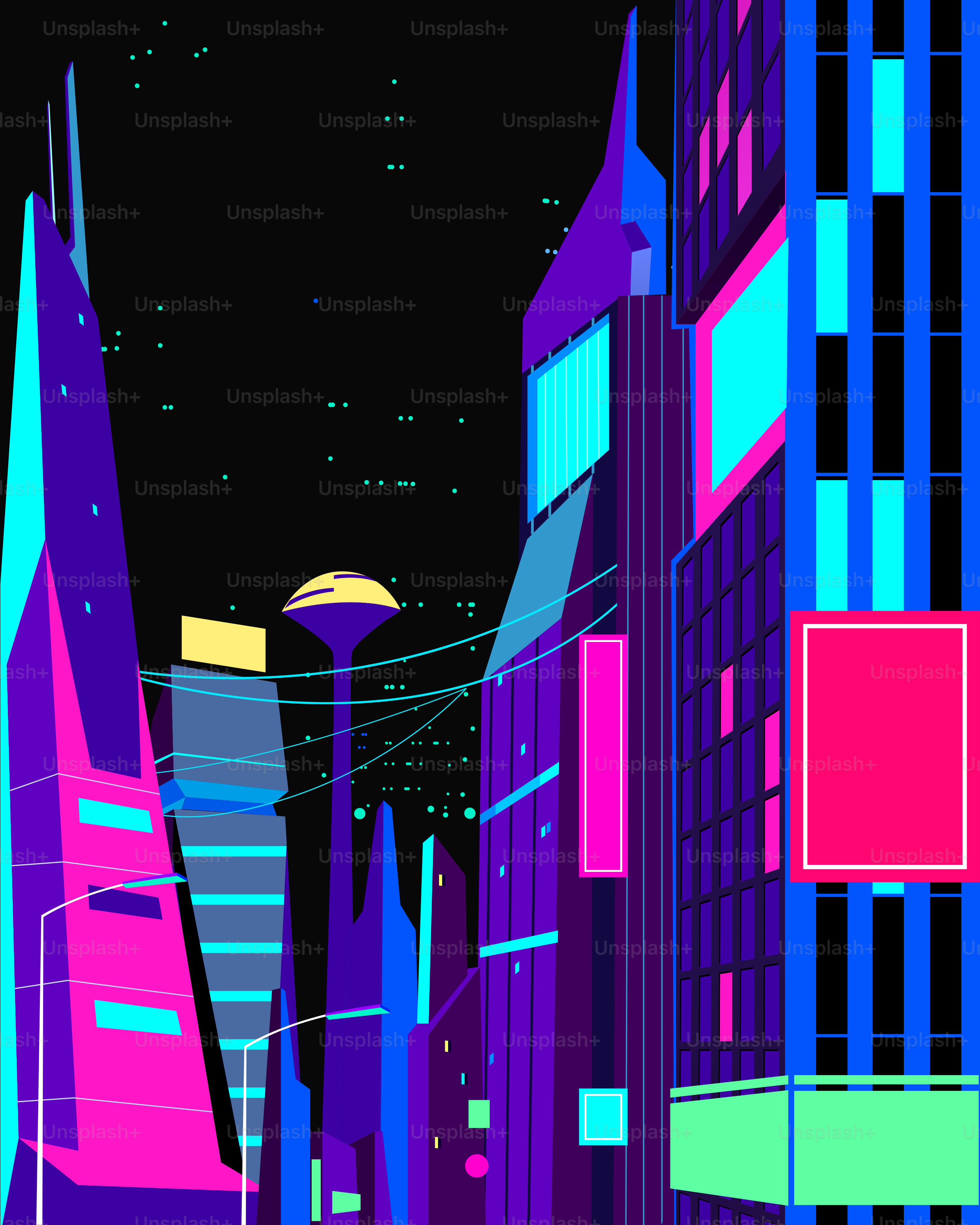 A city street filled with tall buildings at night