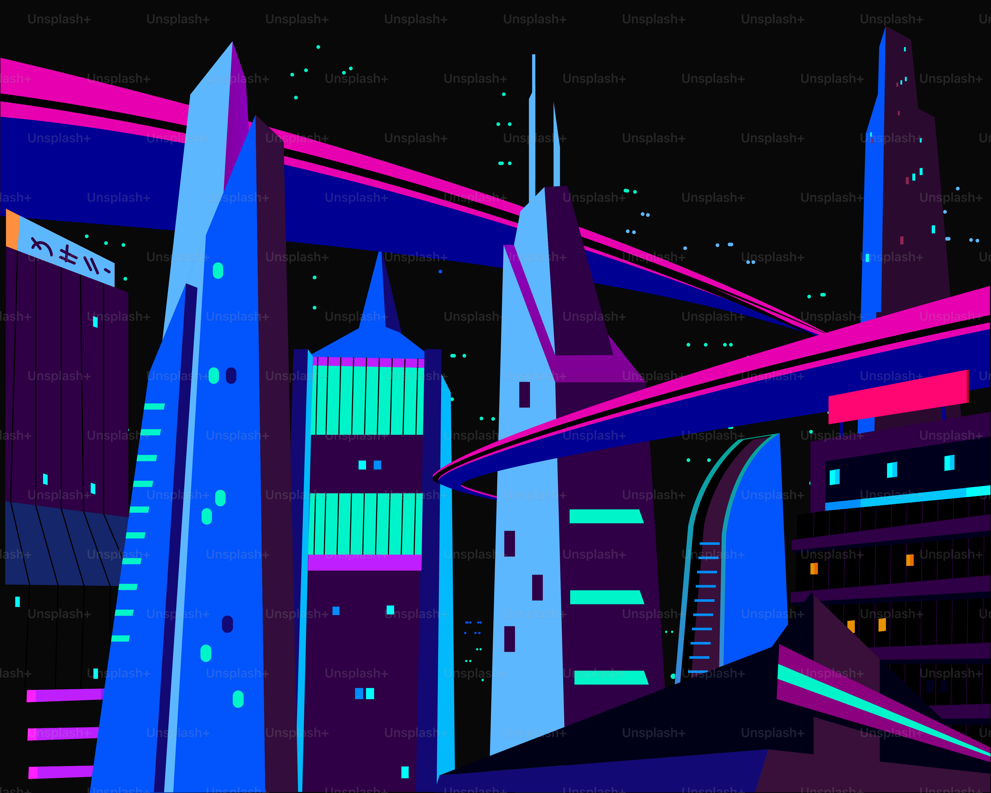A futuristic city at night with neon colors