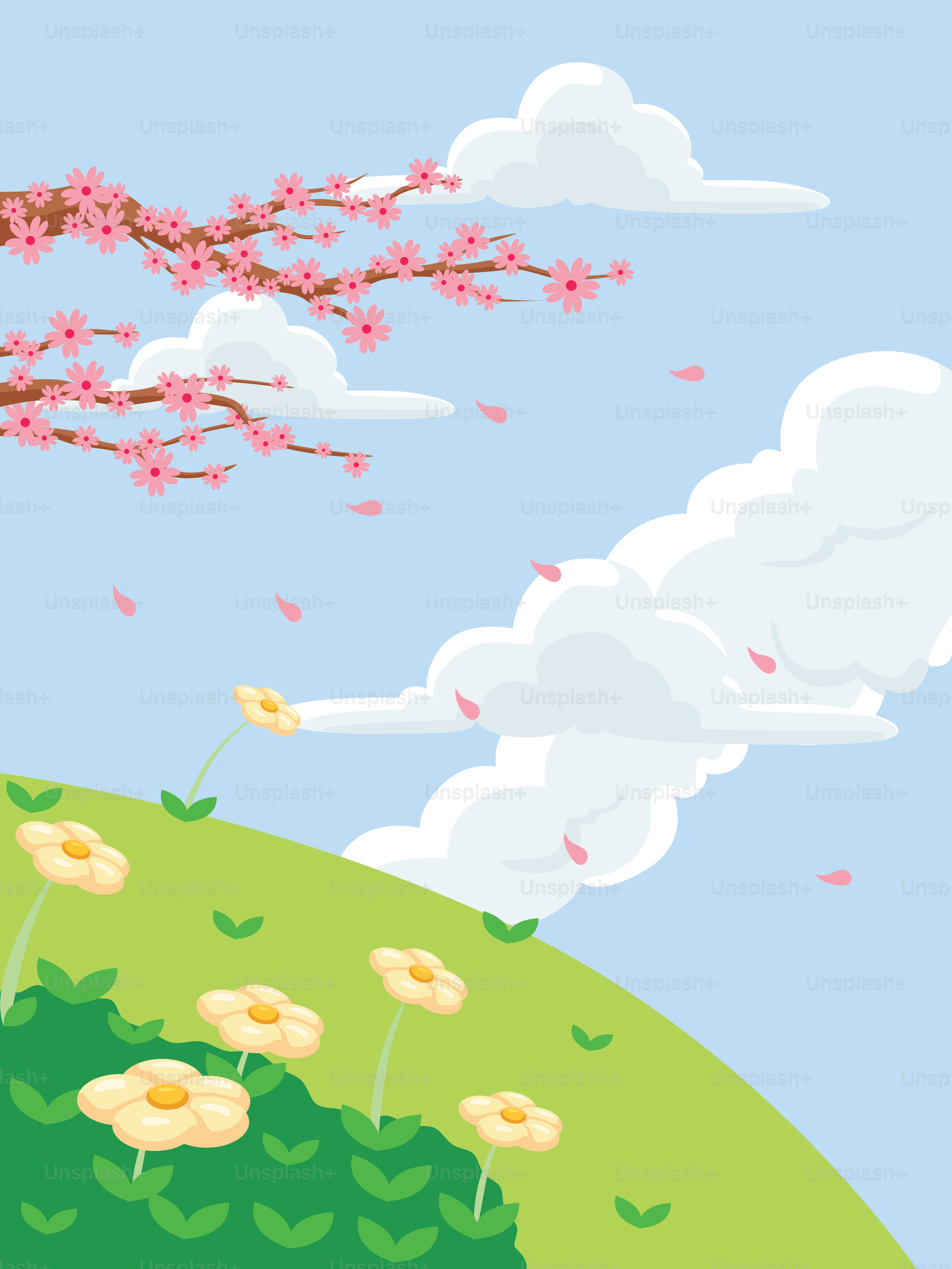 A painting of a tree and flowers on a hill