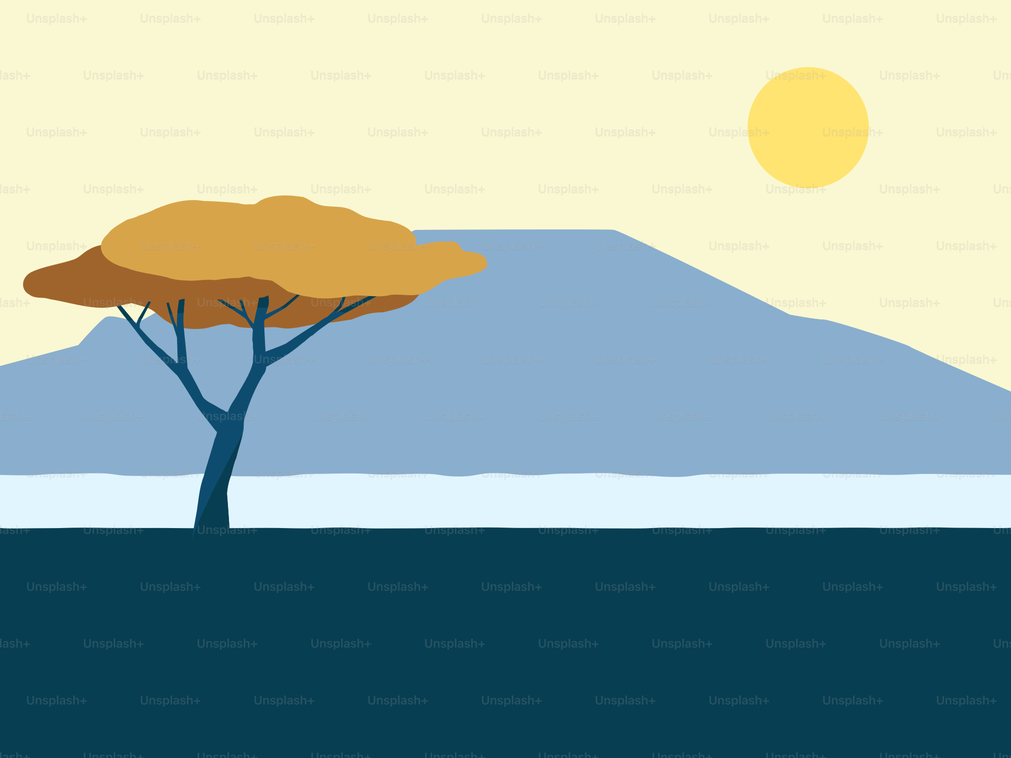 Uma árvore no meio de um lago com uma montanha ao fundo