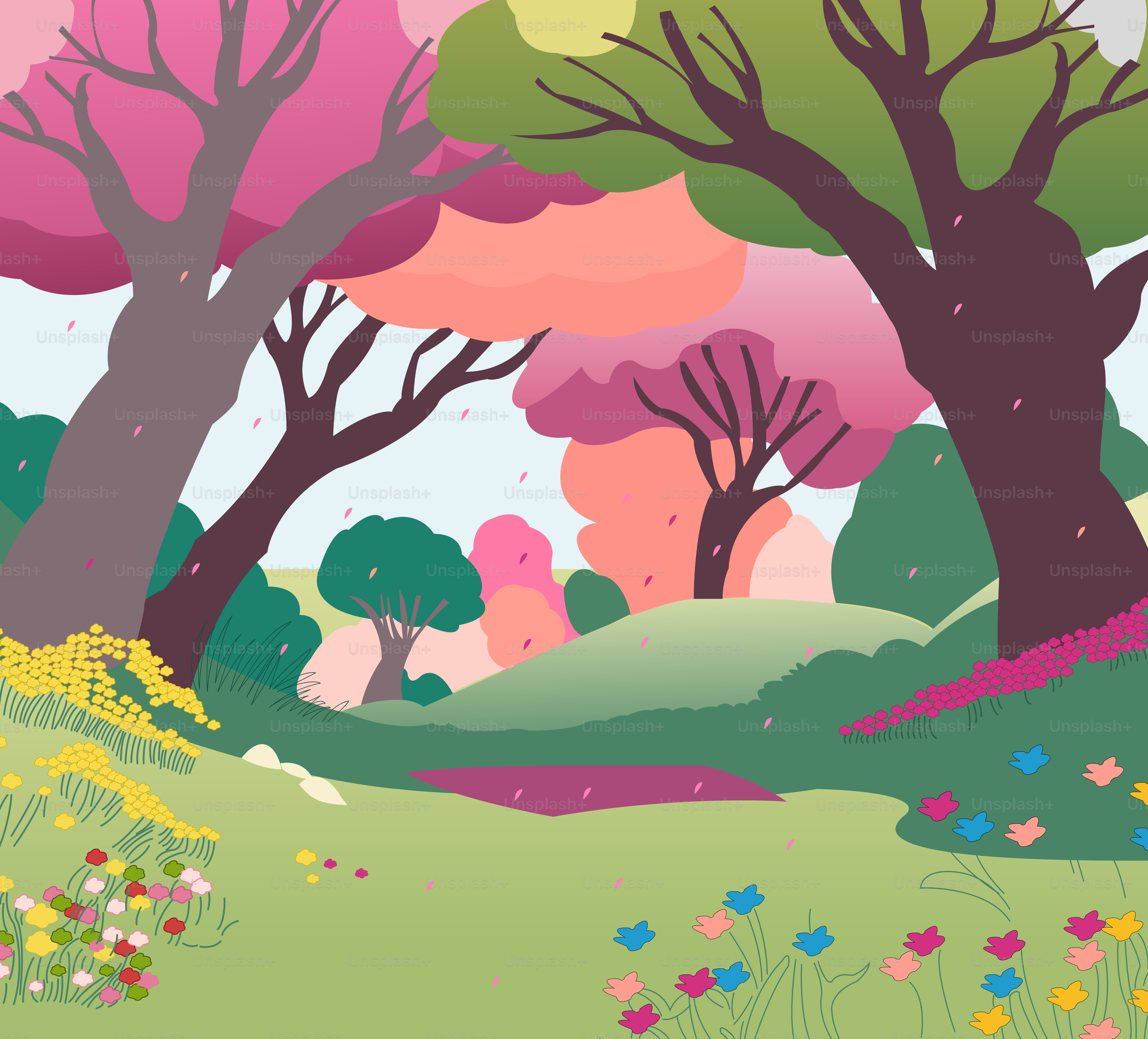 A painting of trees and flowers in a field