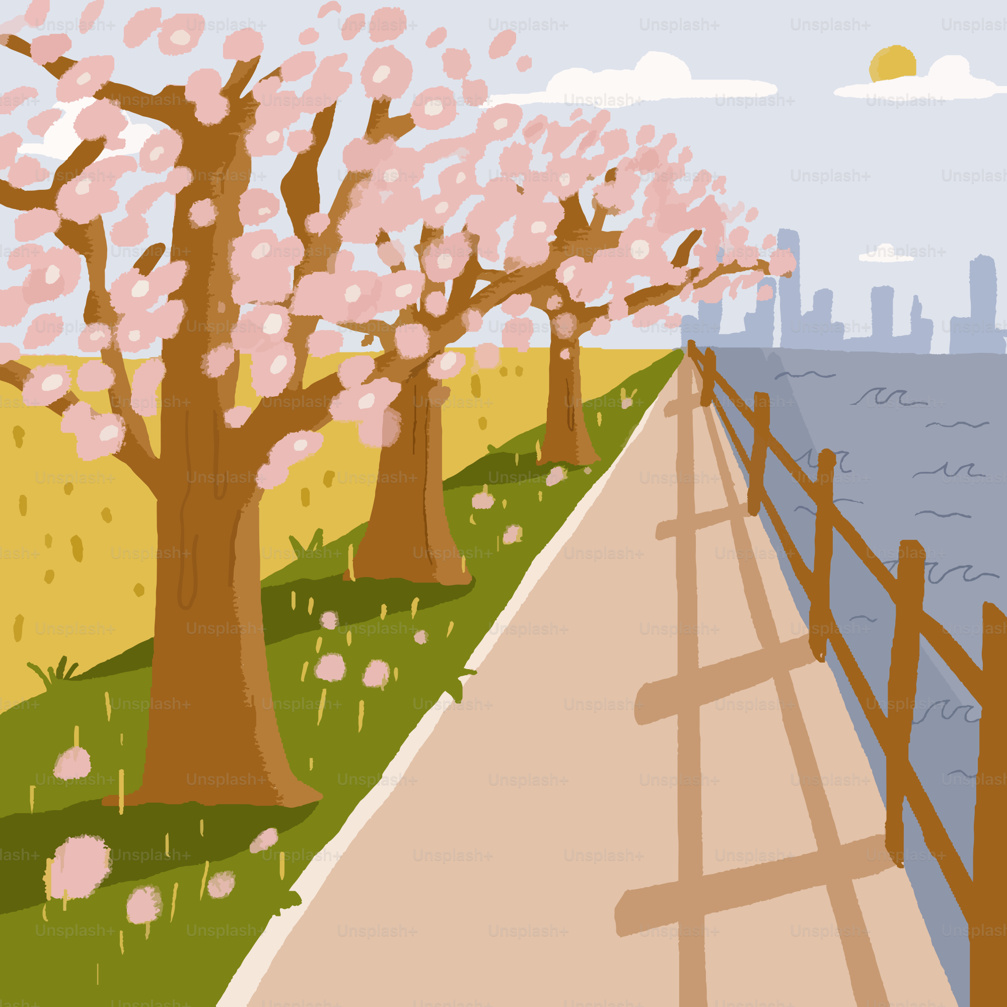 A painting of a path leading to a lake