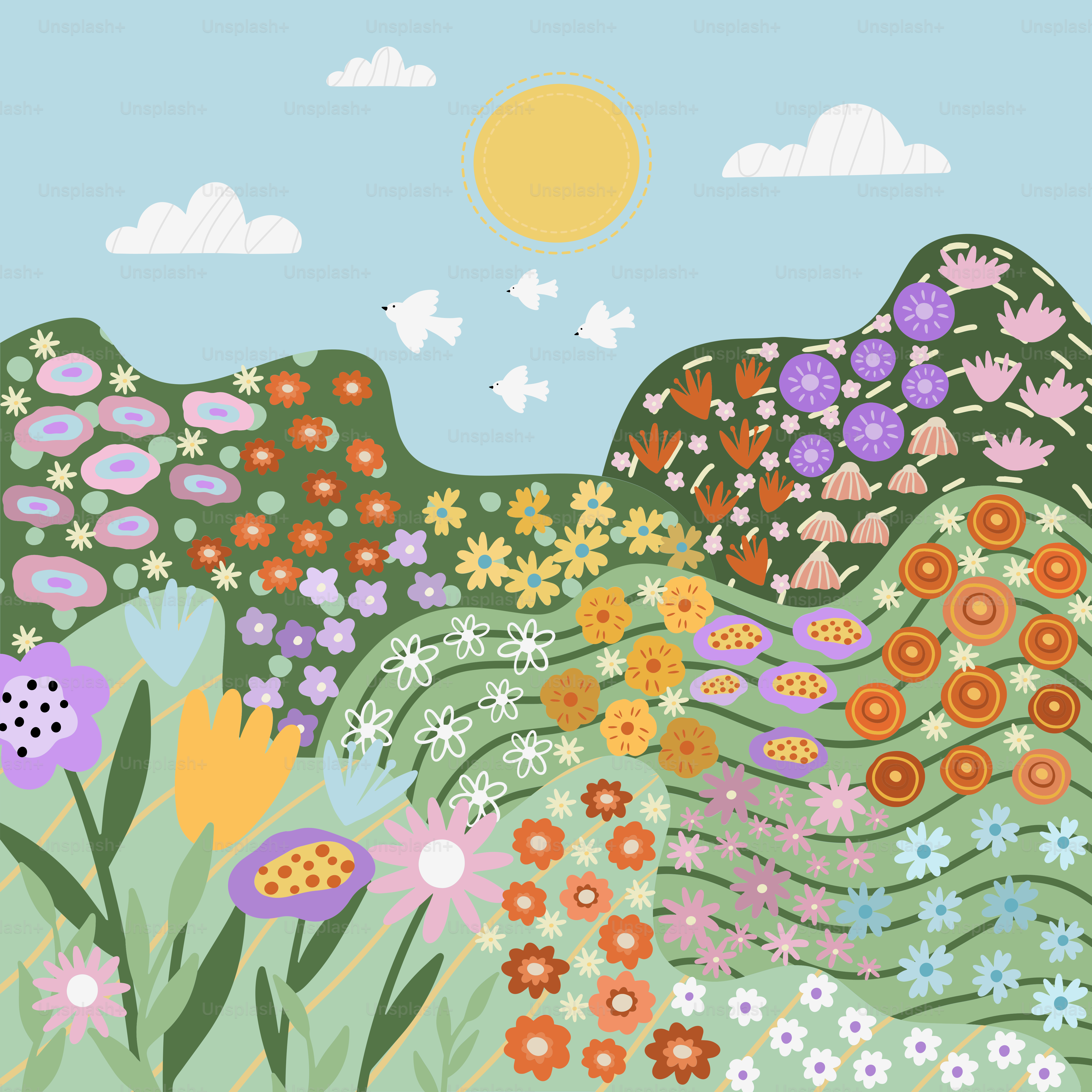 A painting of a field of flowers and butterflies
