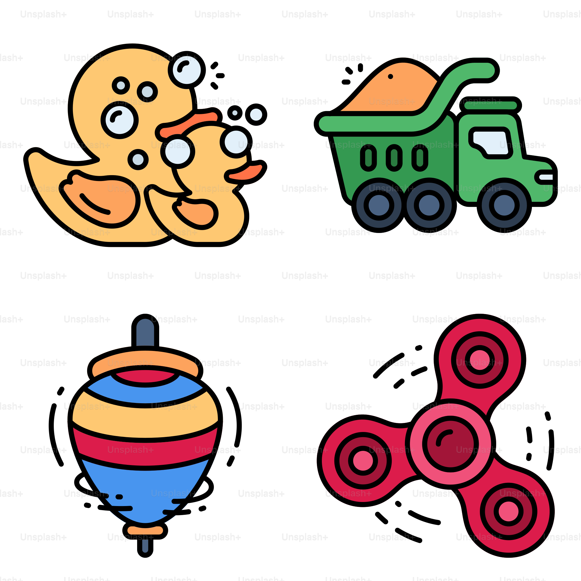 A bunch of different types of toys on a white background
