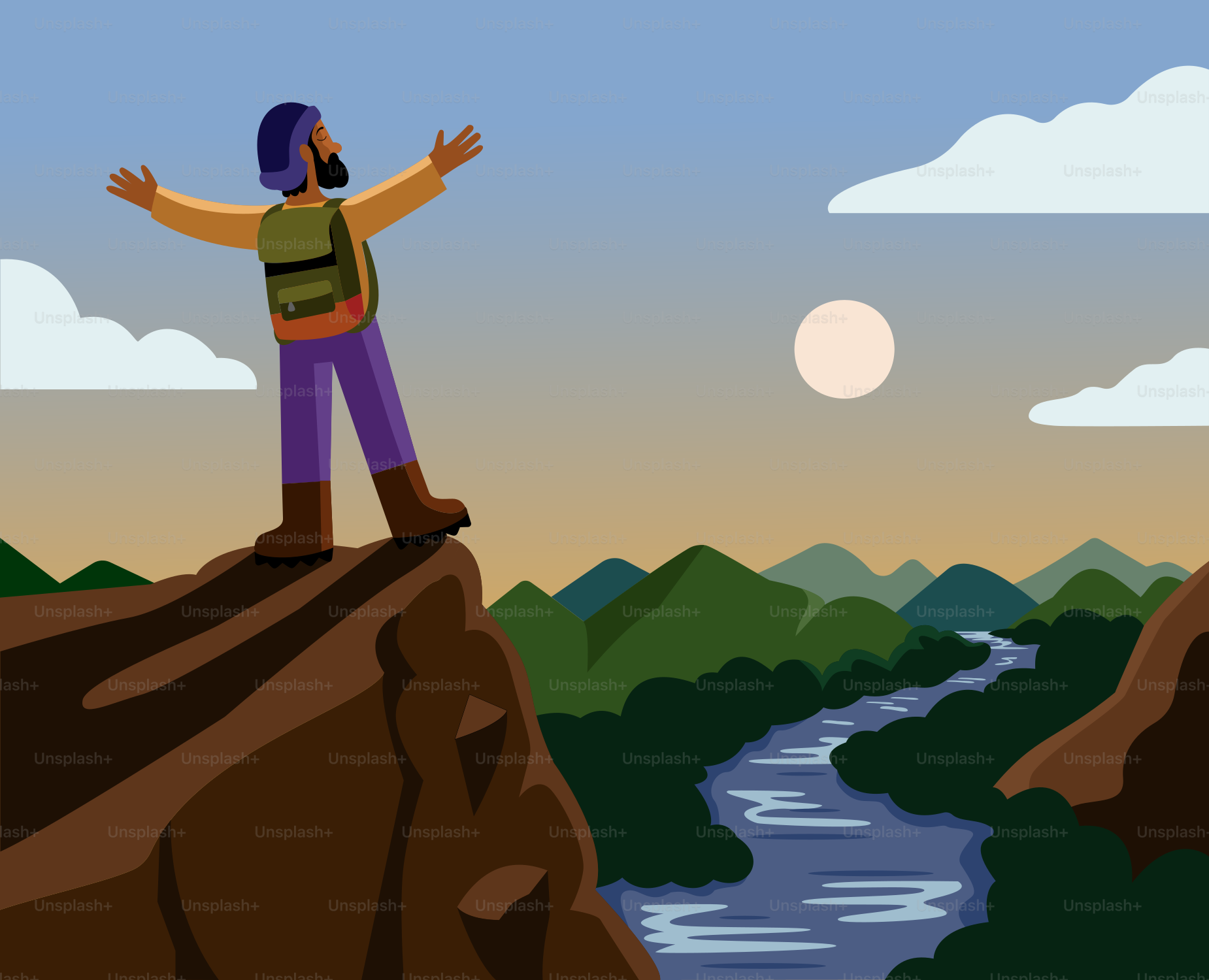 A man standing on top of a cliff overlooking a river
