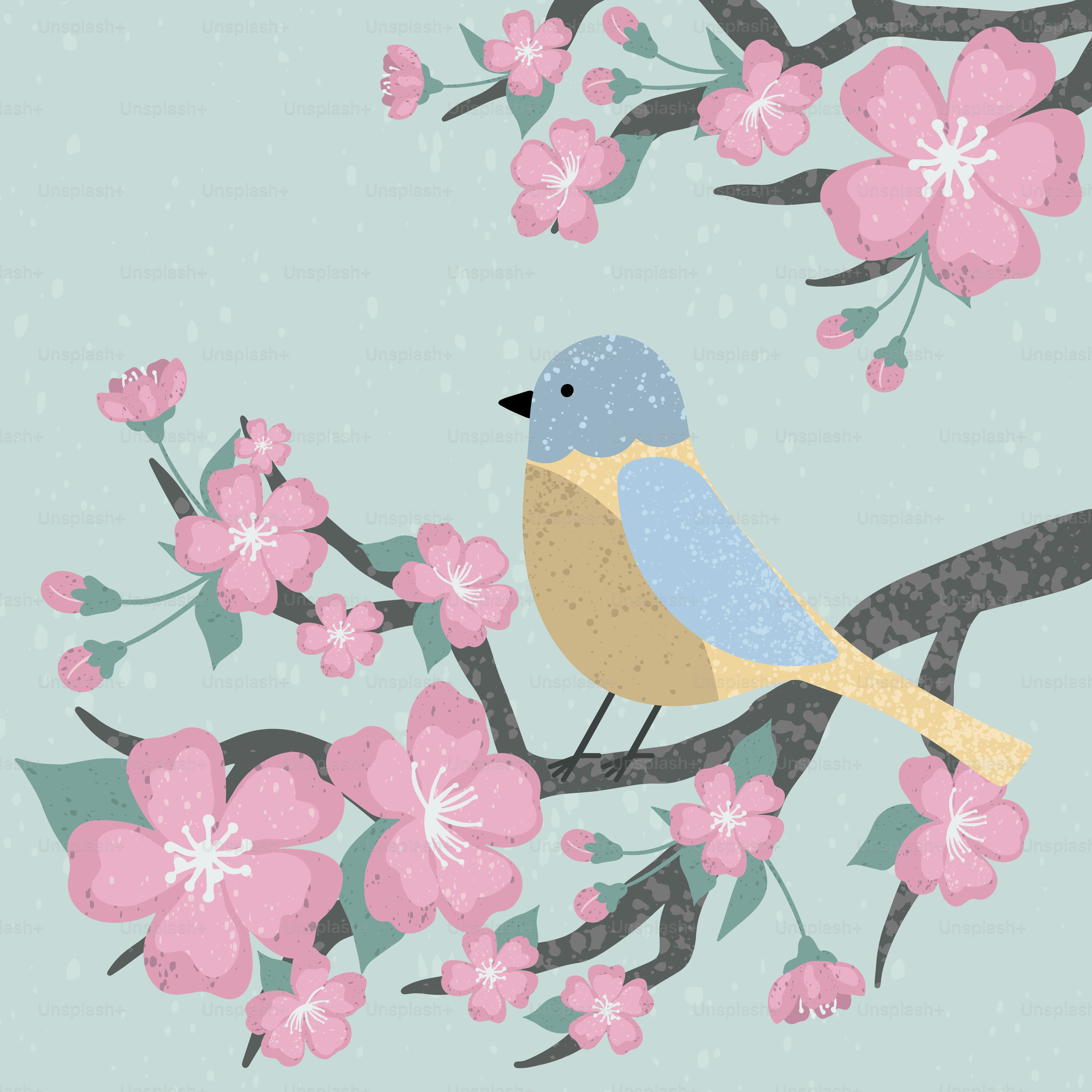 ピンクの花が咲く枝に座っている鳥