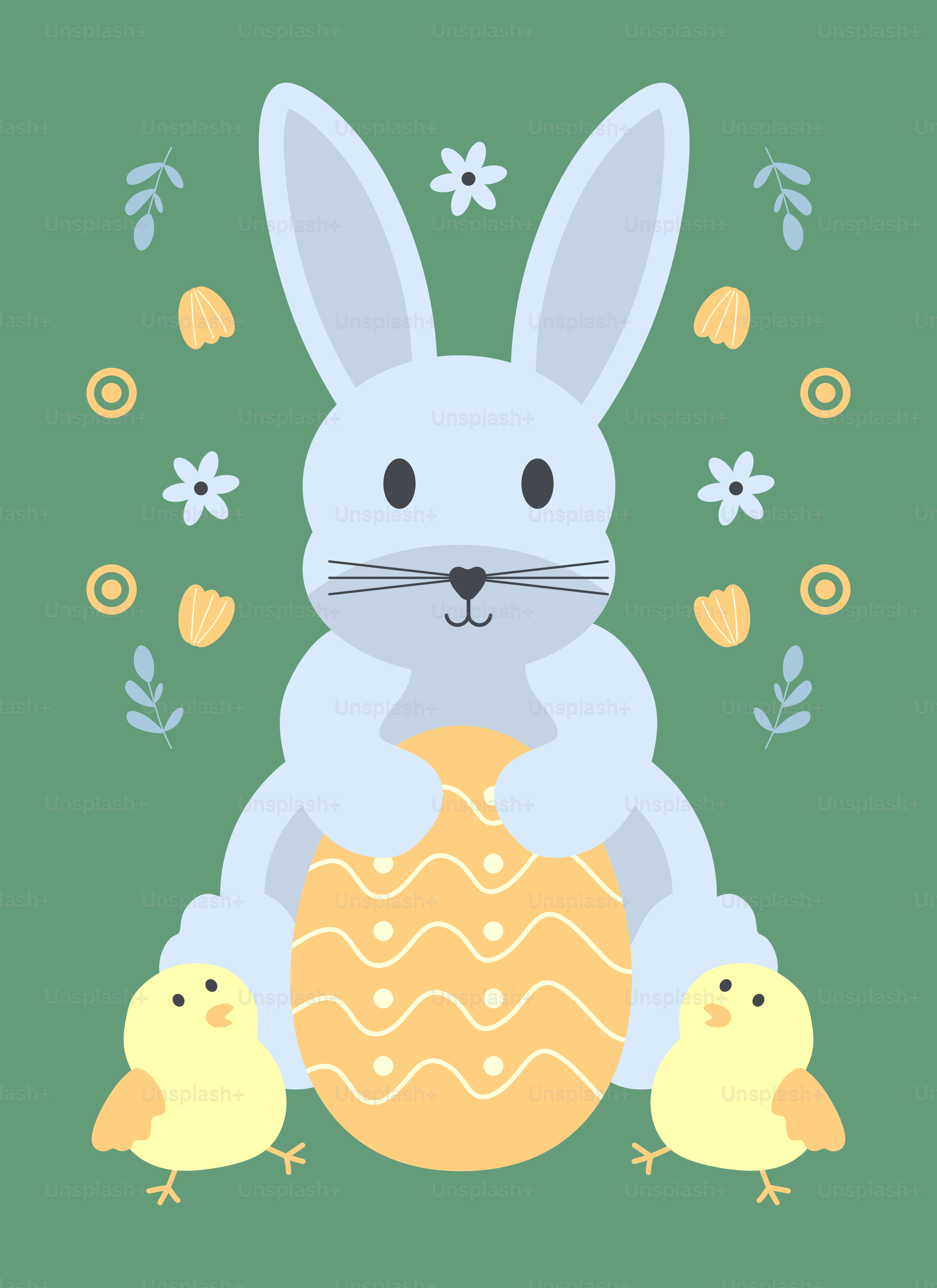 Um coelhinho da Páscoa com pintinhos em fundo verde