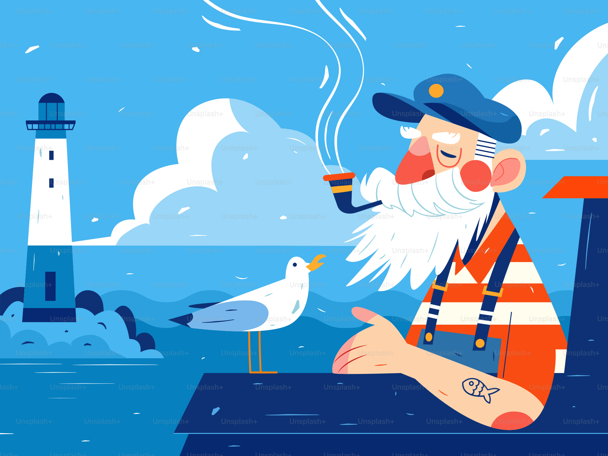 A man sitting on a boat with a pipe in his mouth