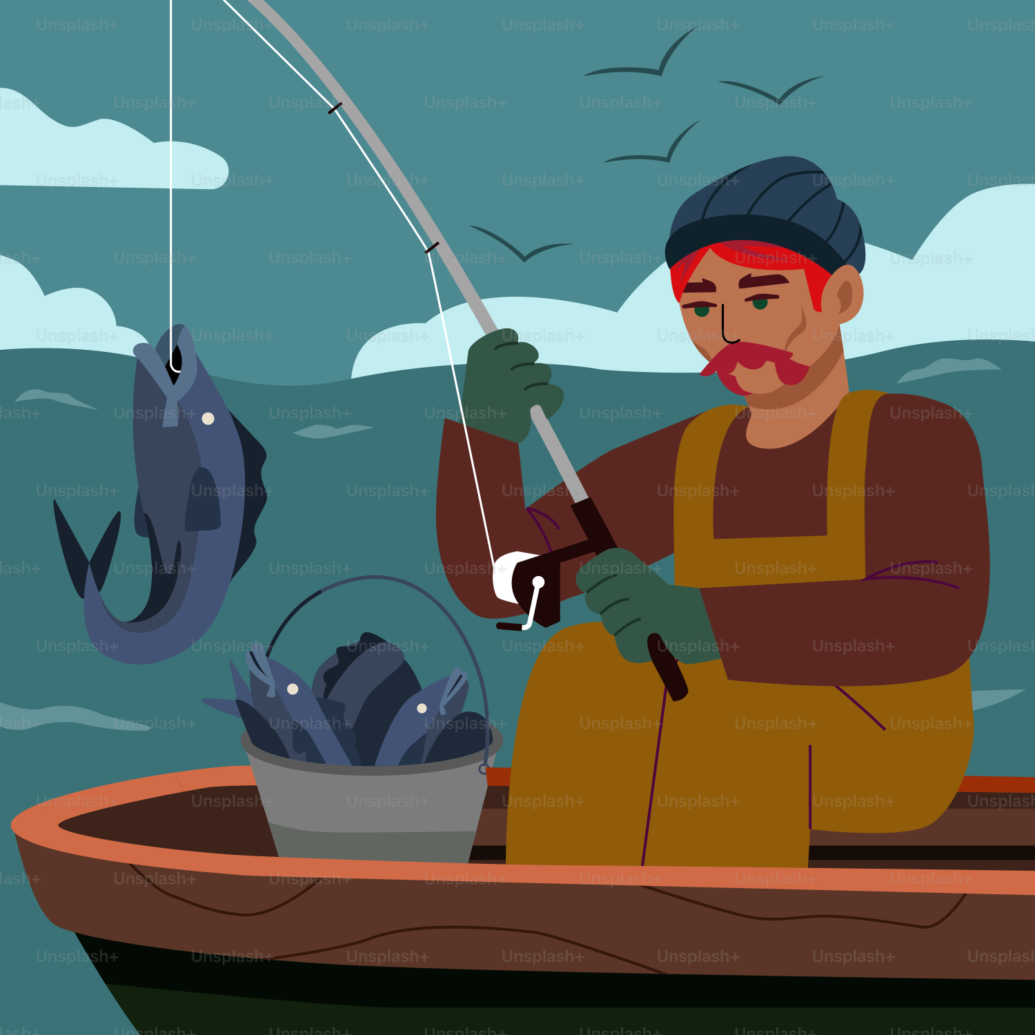 Ein Mann, der in einem Boot sitzt und einen Fisch hält
