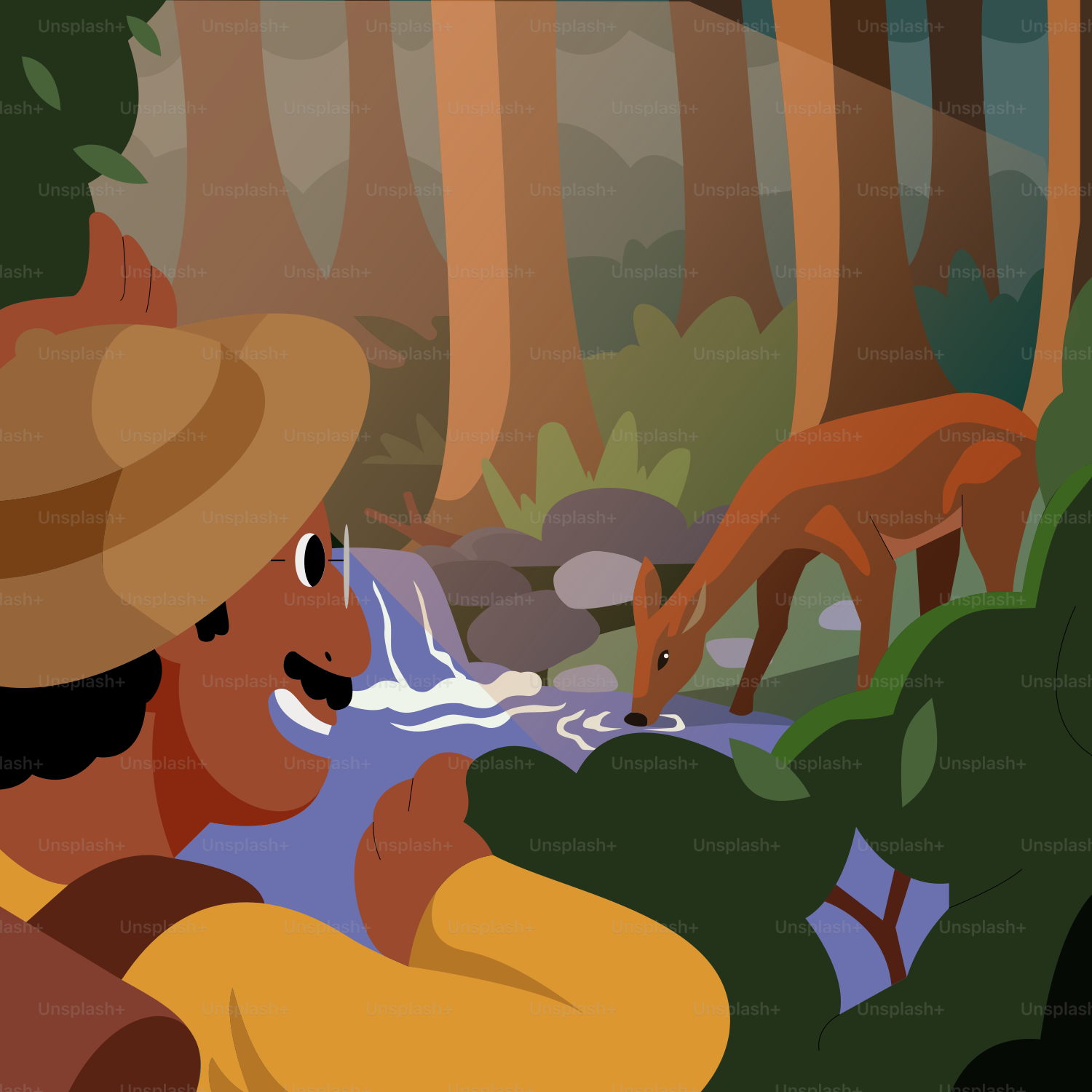 A man in a yellow shirt is looking at a fox