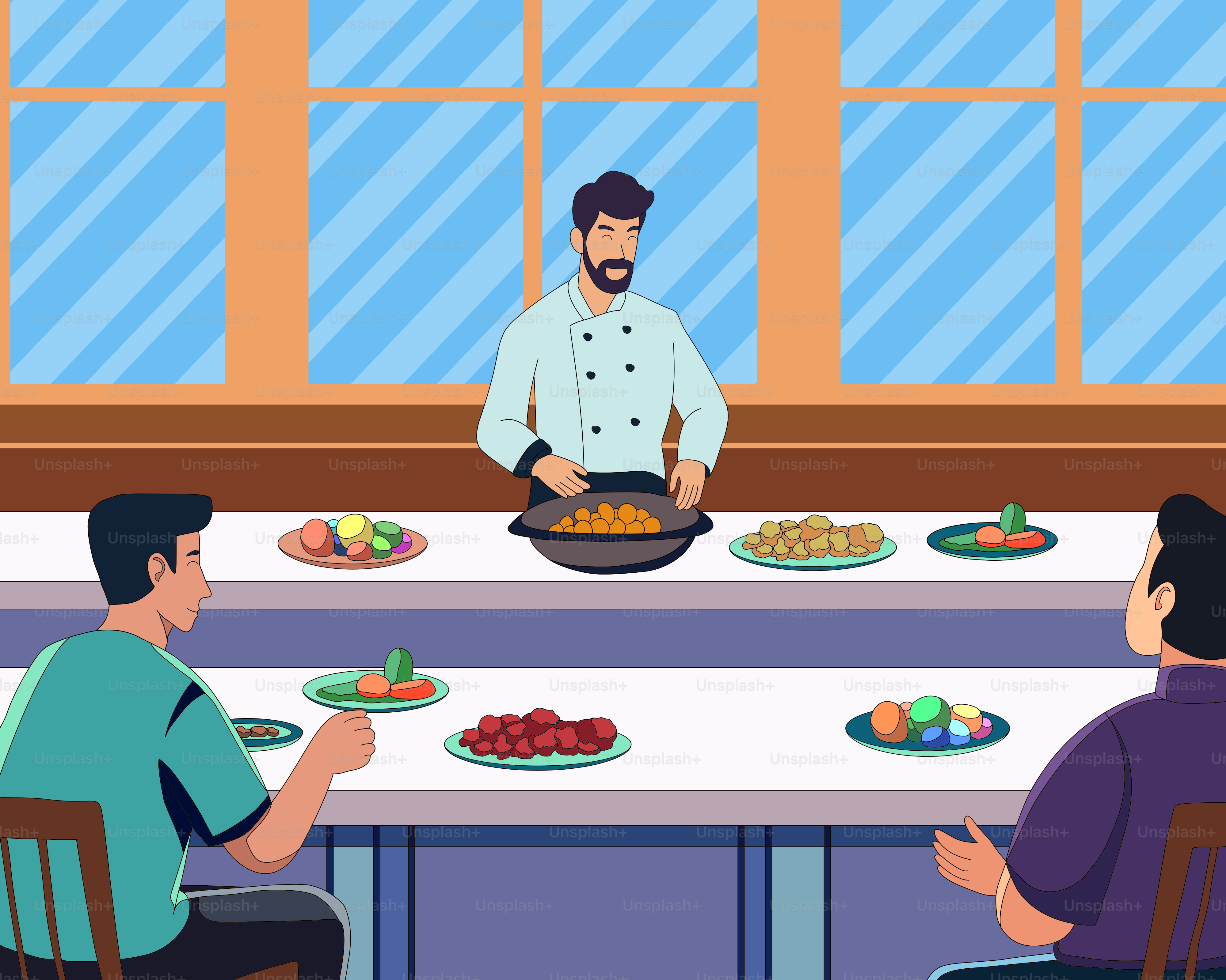 A group of people sitting around a table with food