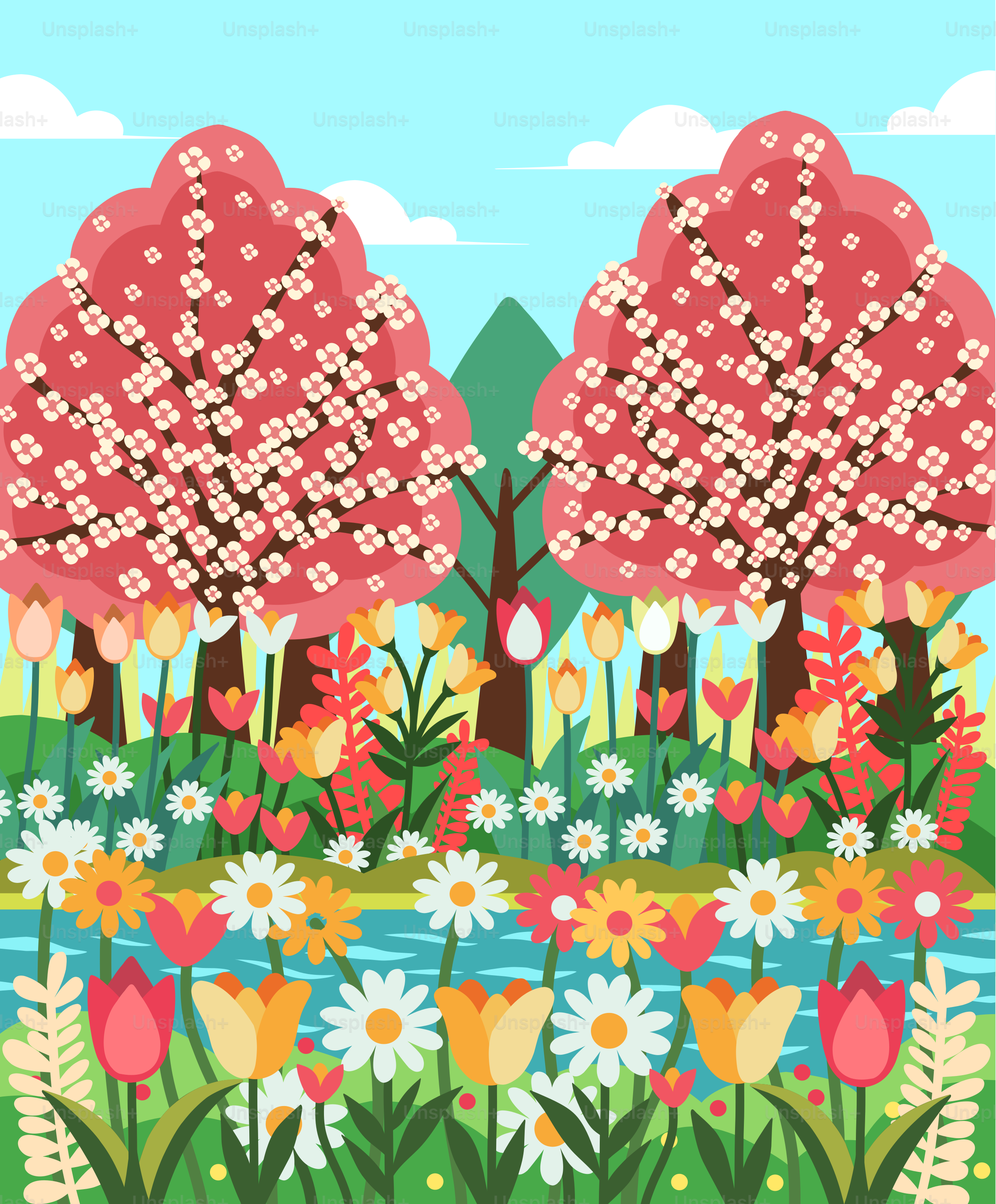 Ein Gemälde von Blumen und Bäumen auf einem Feld