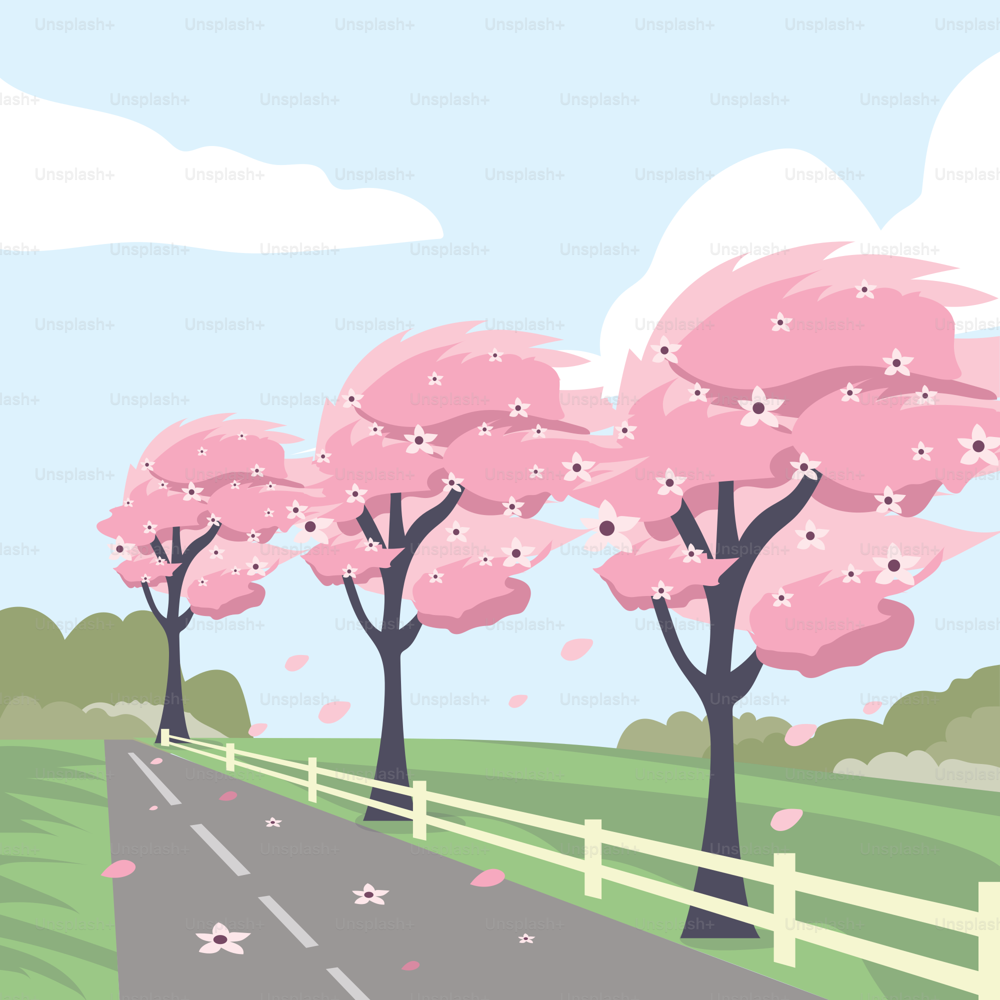 분홍색 나무가 있는 시골길의 만화