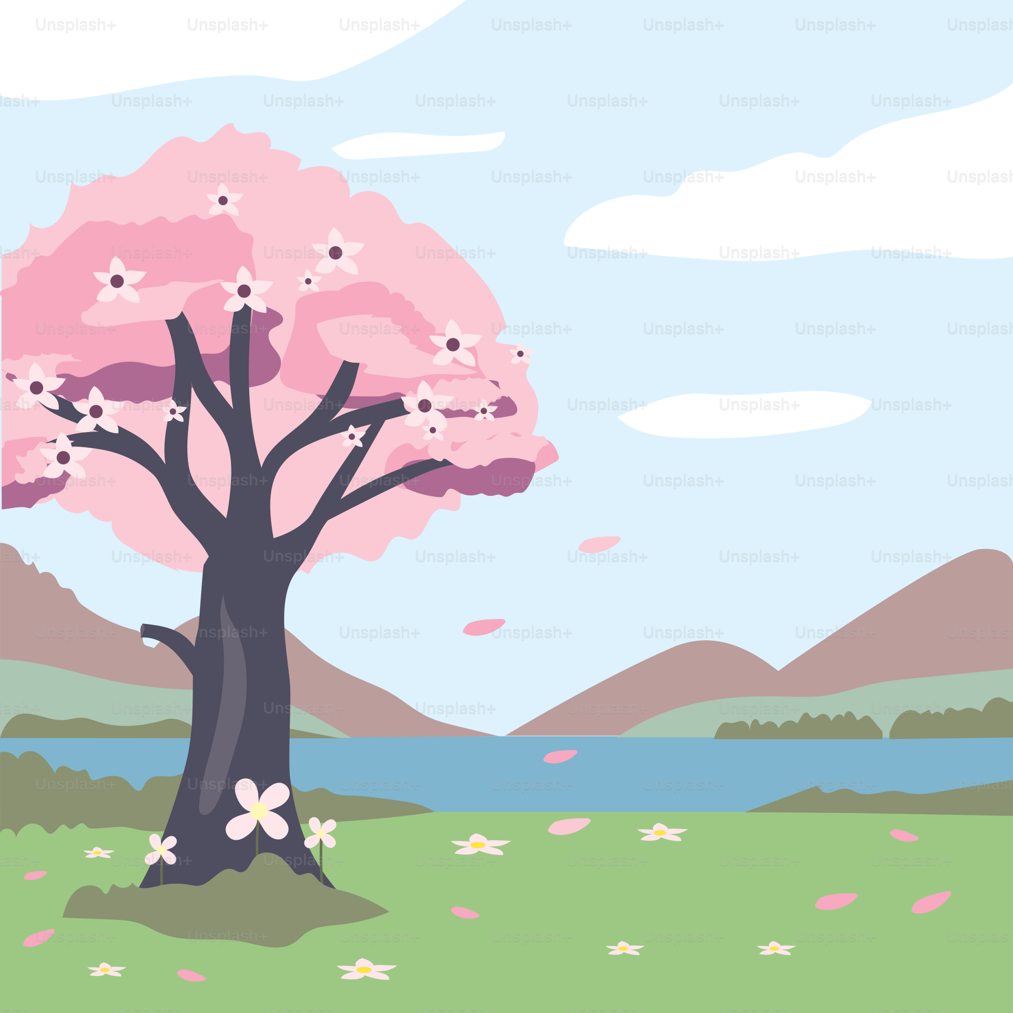 A cartoon of a tree with pink flowers