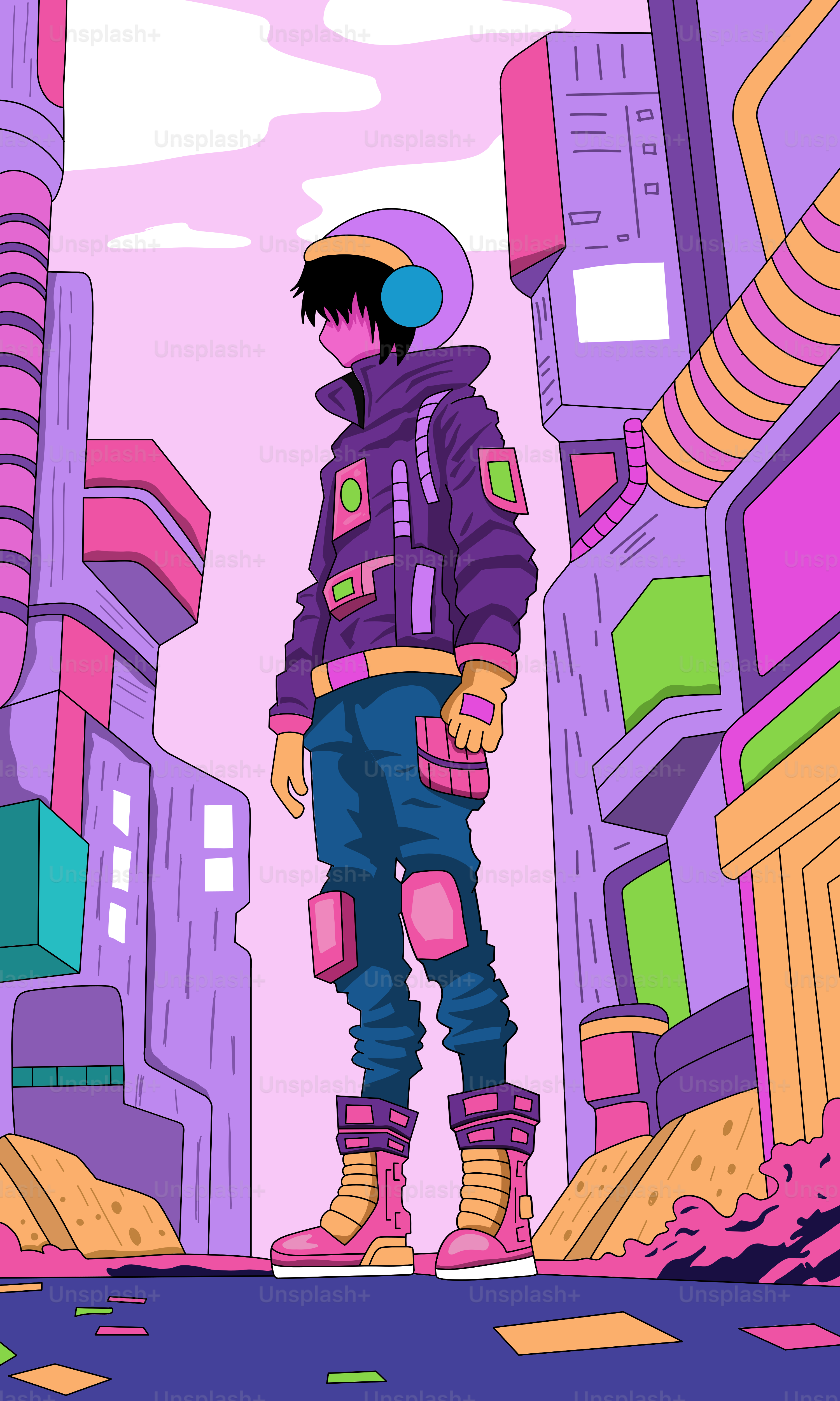 A man in a purple jacket standing on a city street