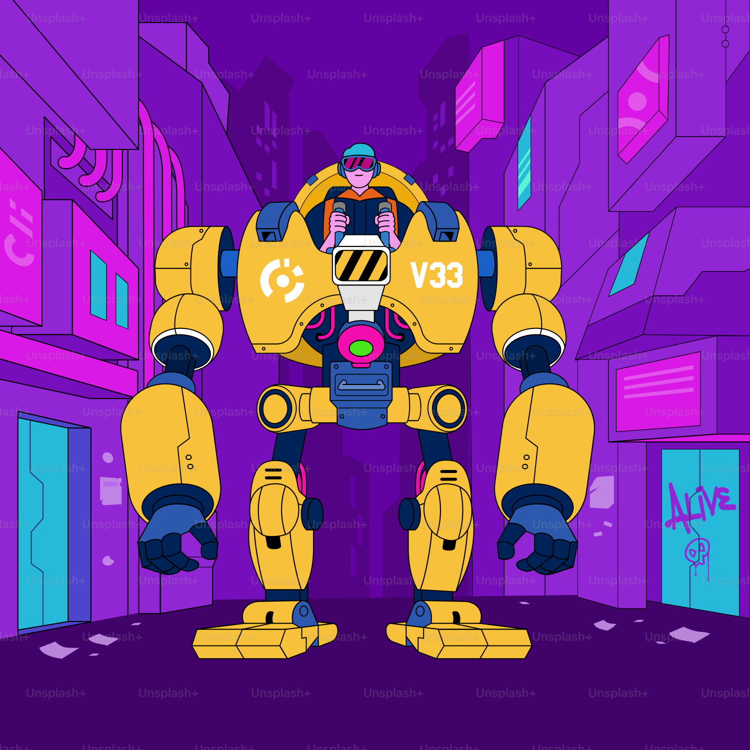 A yellow robot standing in front of a purple background