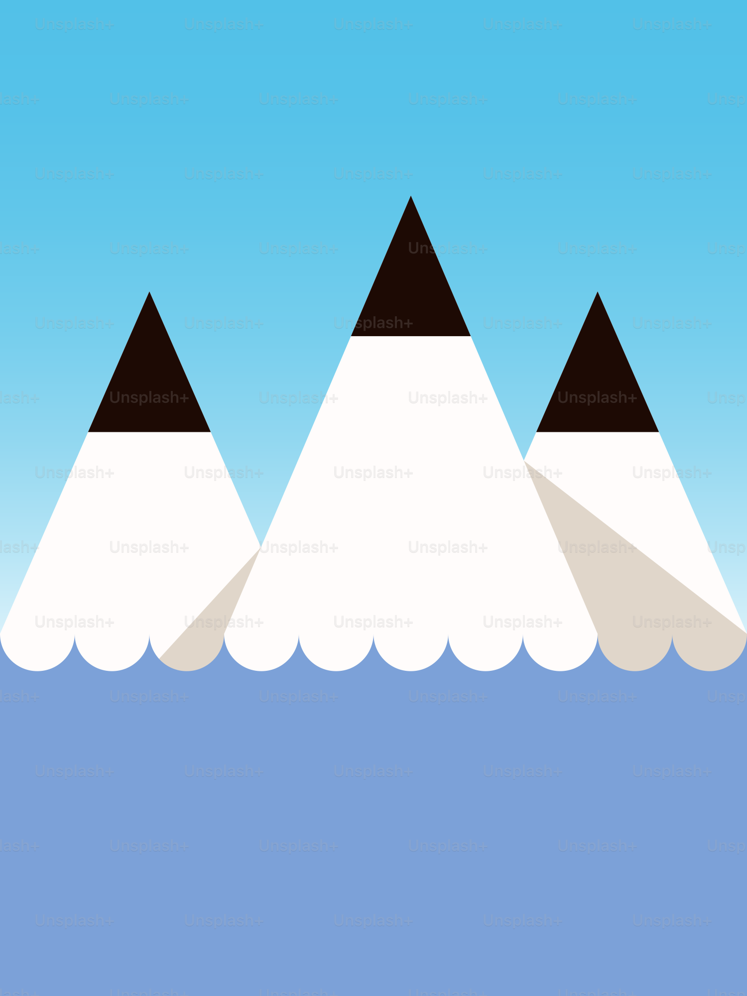 Tres montañas en el agua con un cielo azul de fondo