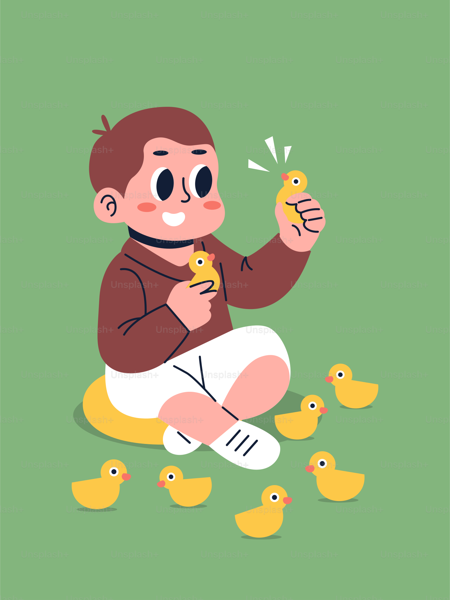 Ein Mann, der mit einer Gruppe Enten auf dem Boden sitzt