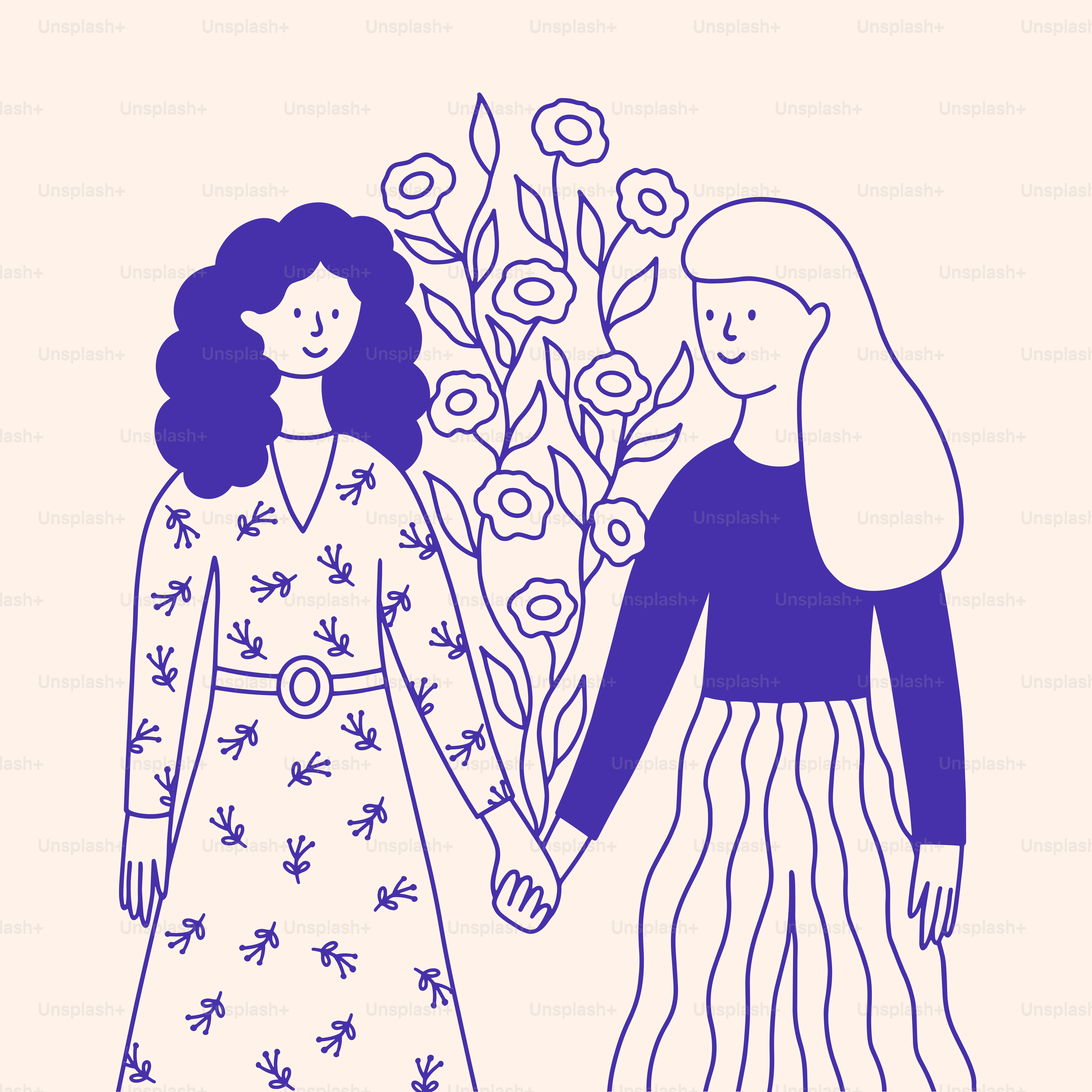 Two women holding hands with a bouquet of flowers