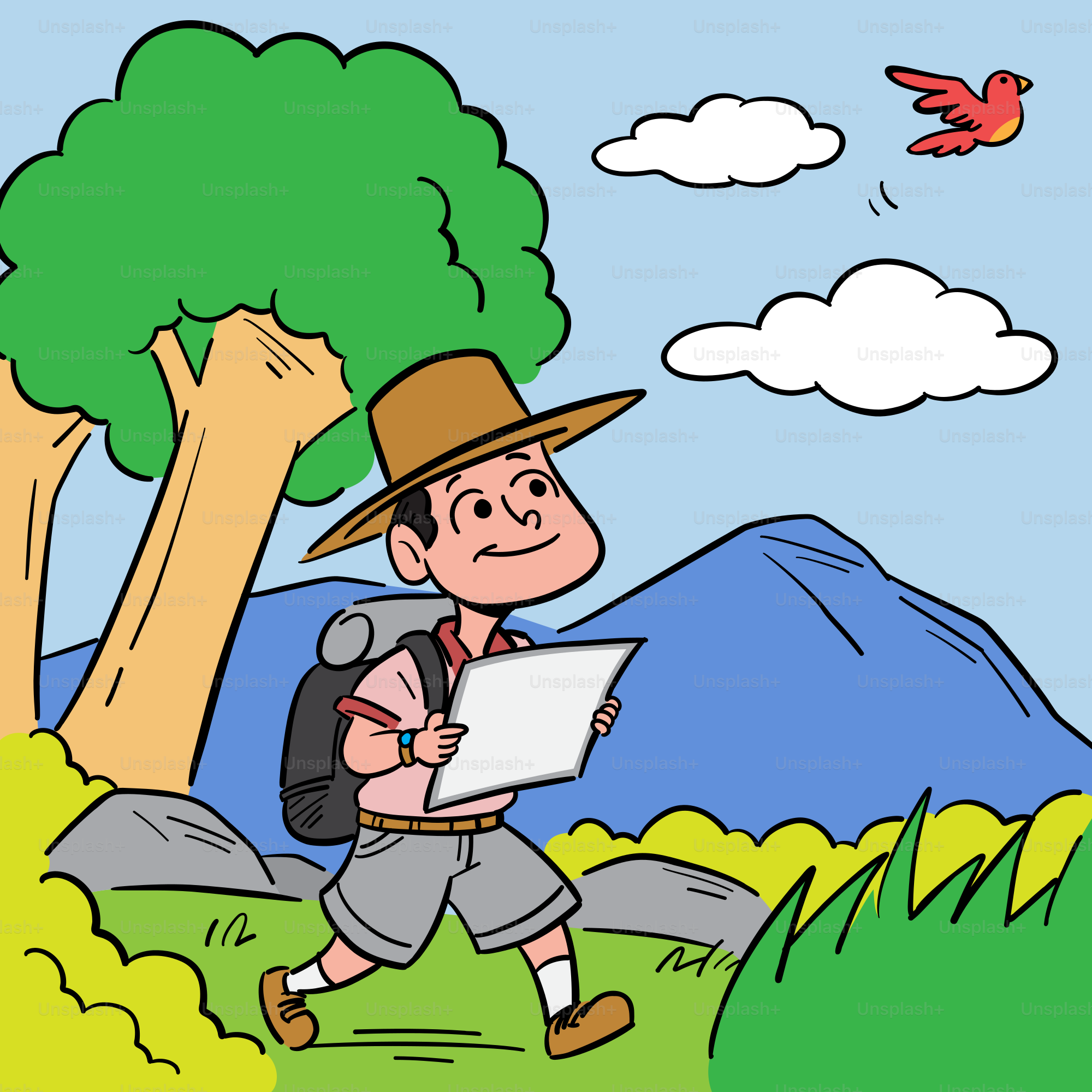 A cartoon of a man with a backpack and a map