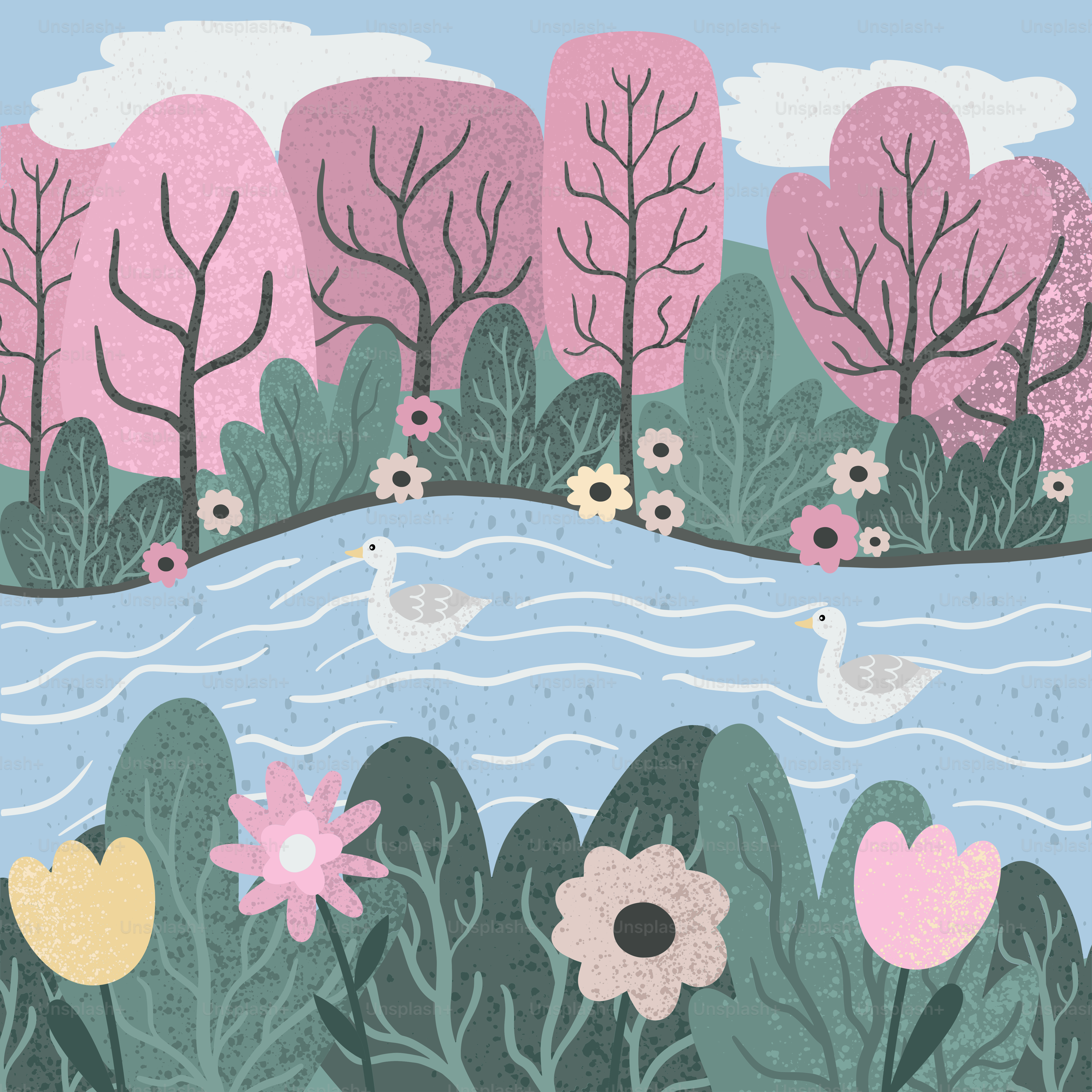 A painting of a river with trees and flowers