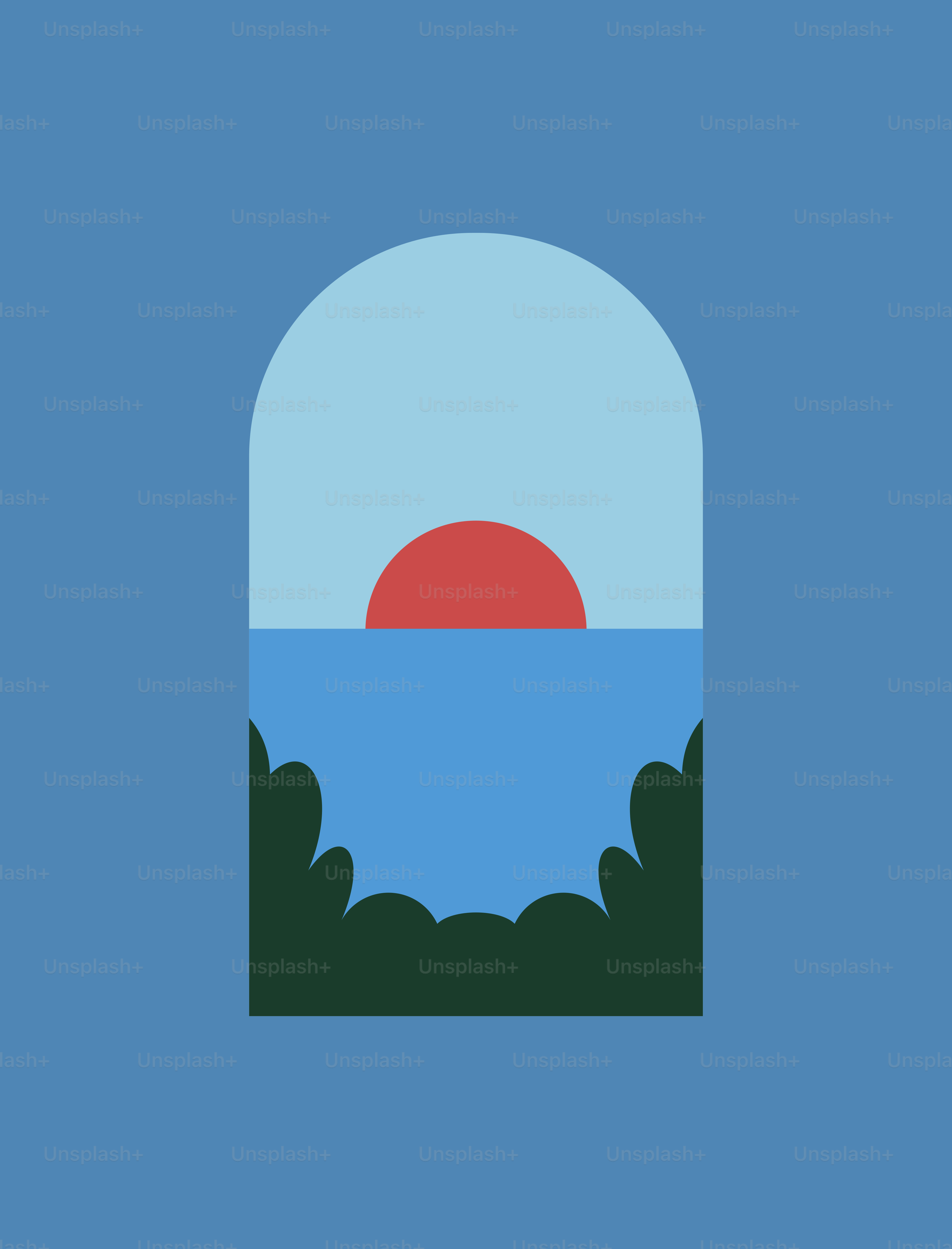 A blue background with a window and a red sun