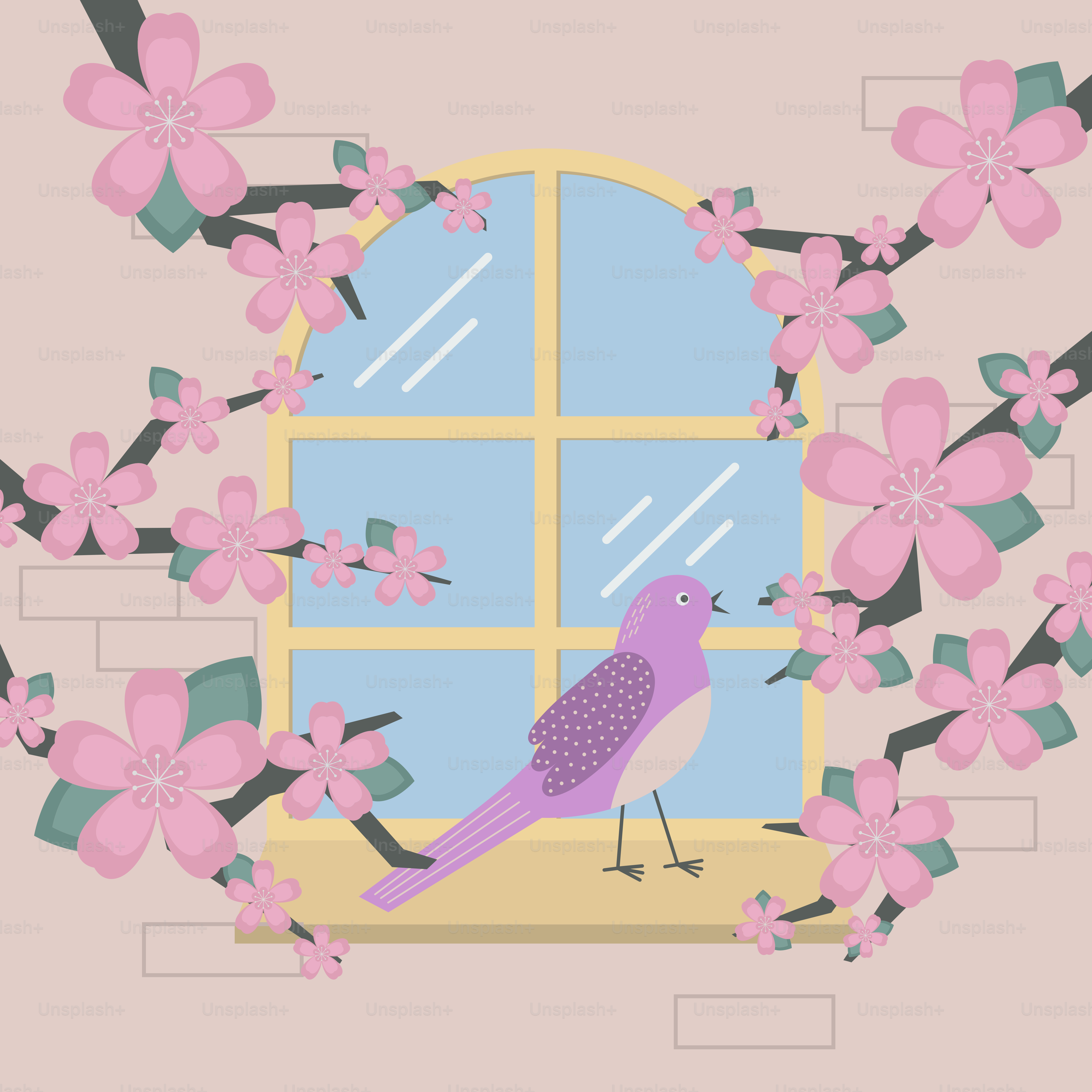 A bird sitting on a window sill with pink flowers