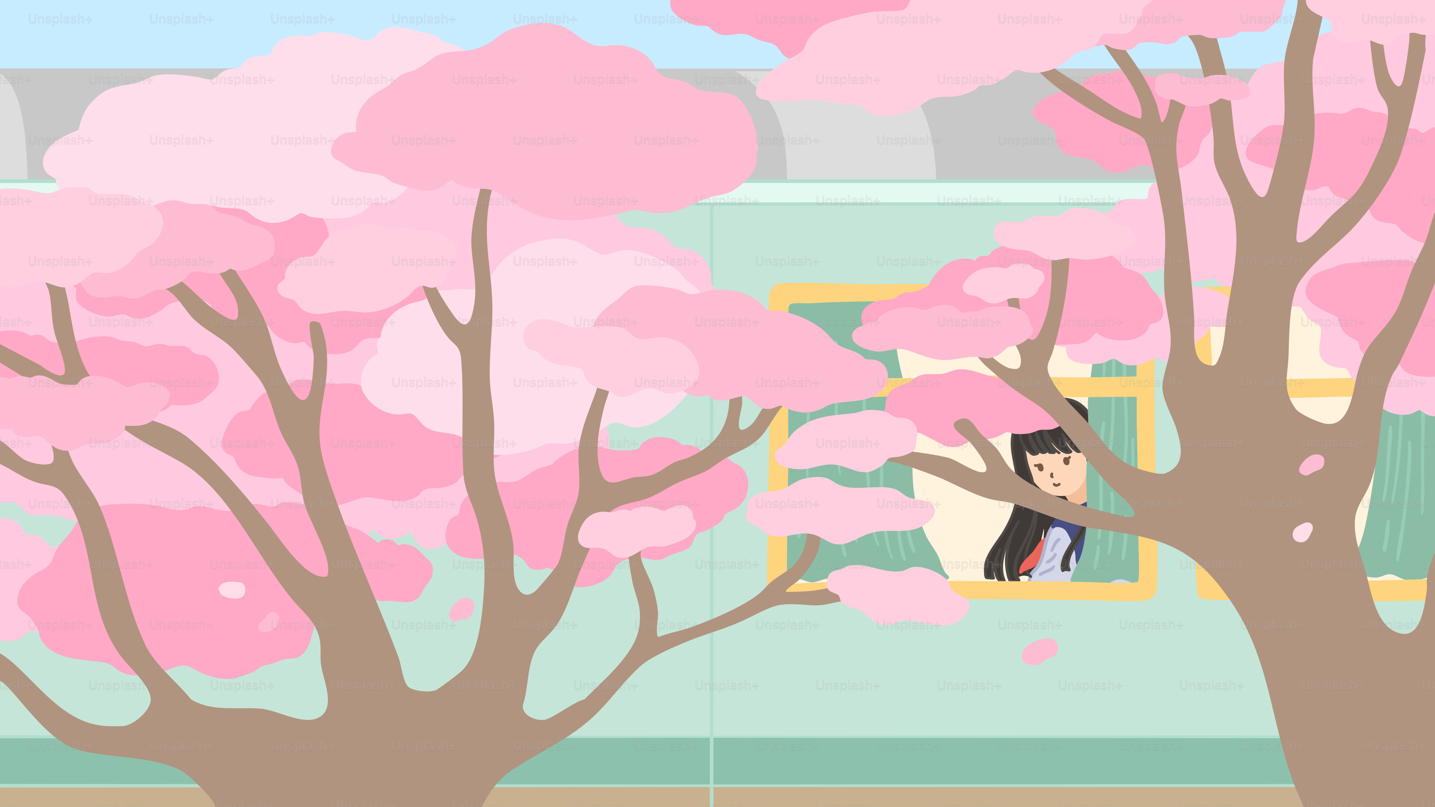 A cartoon of a man sitting in a chair in front of a tree with pink