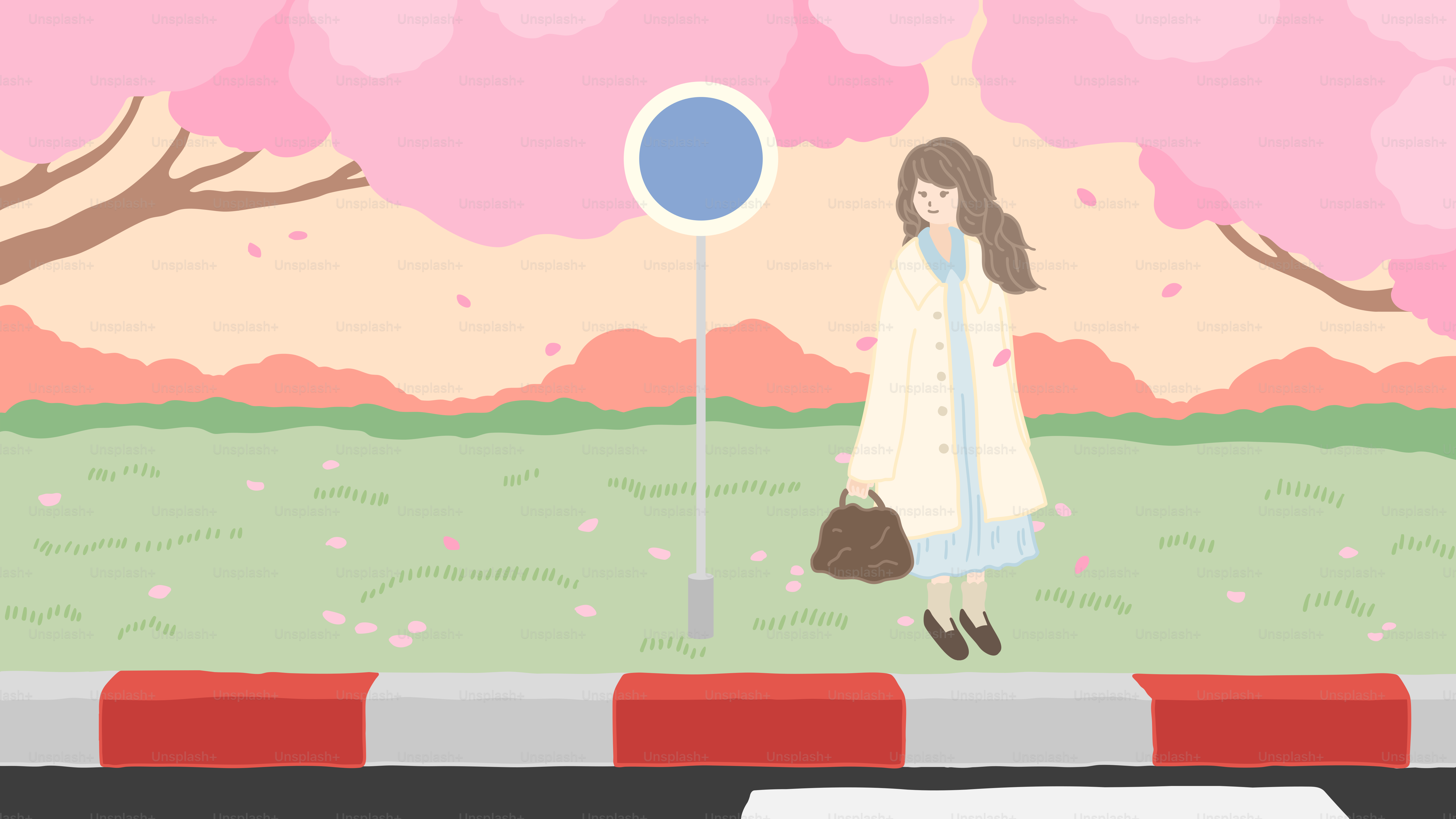 A woman walking down a street next to a street sign