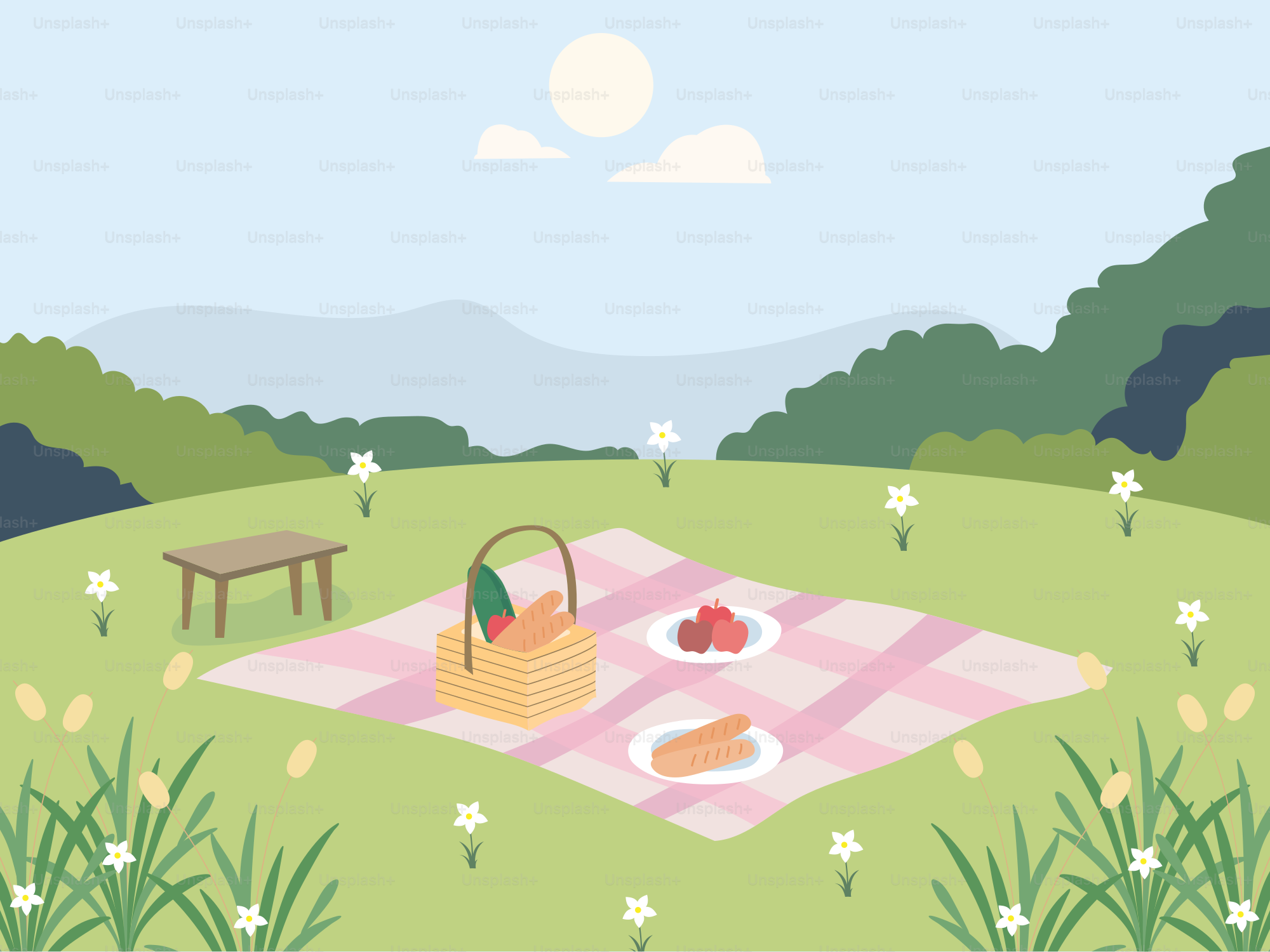 A picnic blanket with a picnic basket and fruit on it