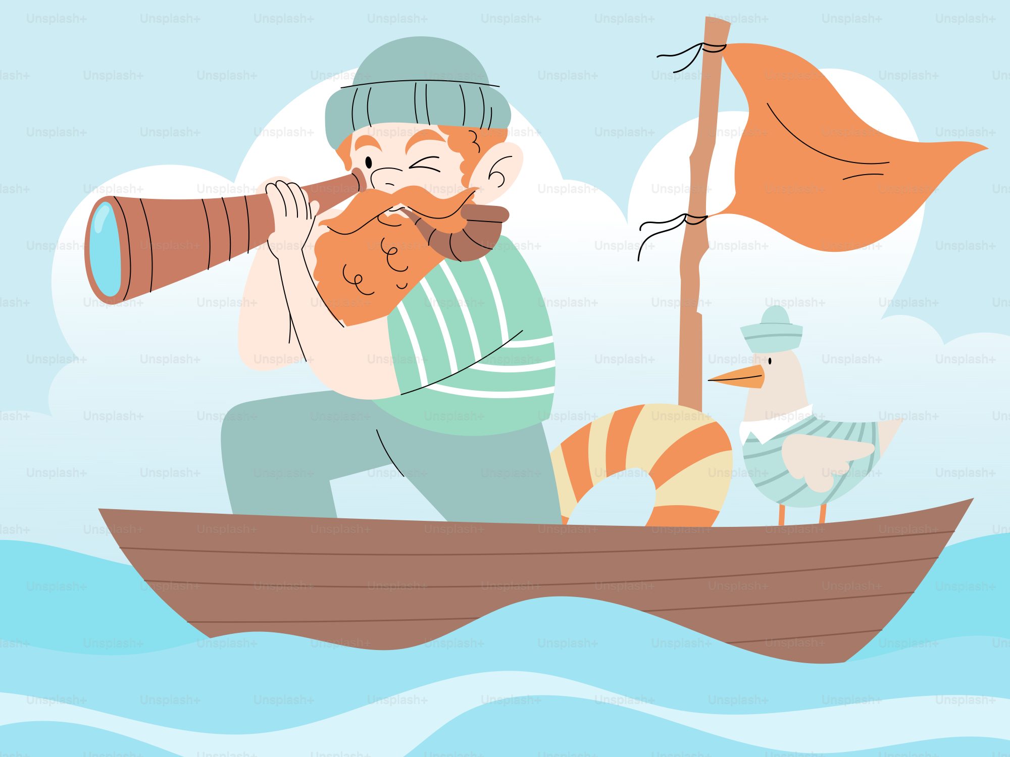 A man on a boat with a bird and a telescope