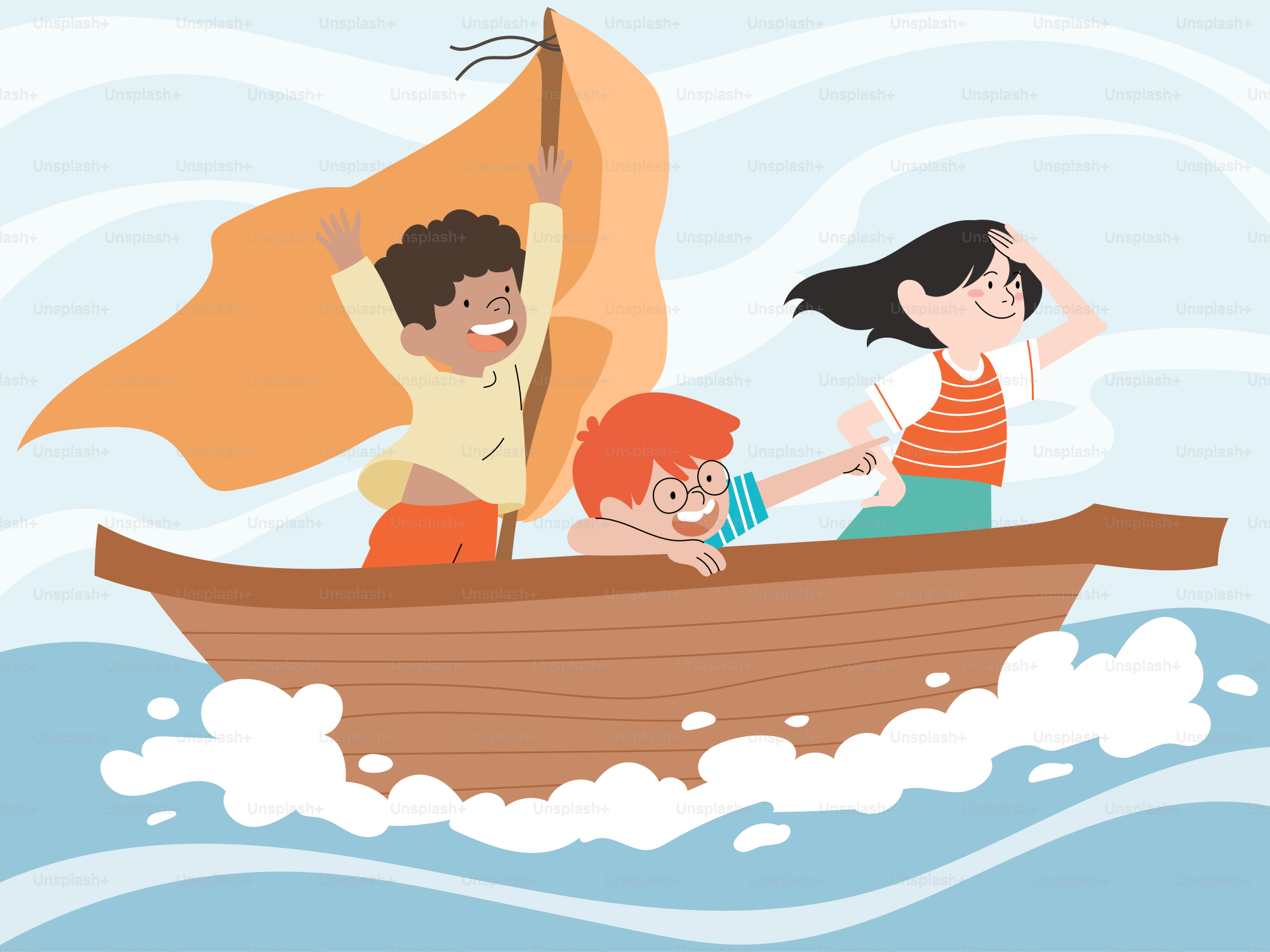 A man and a woman in a boat with a flag