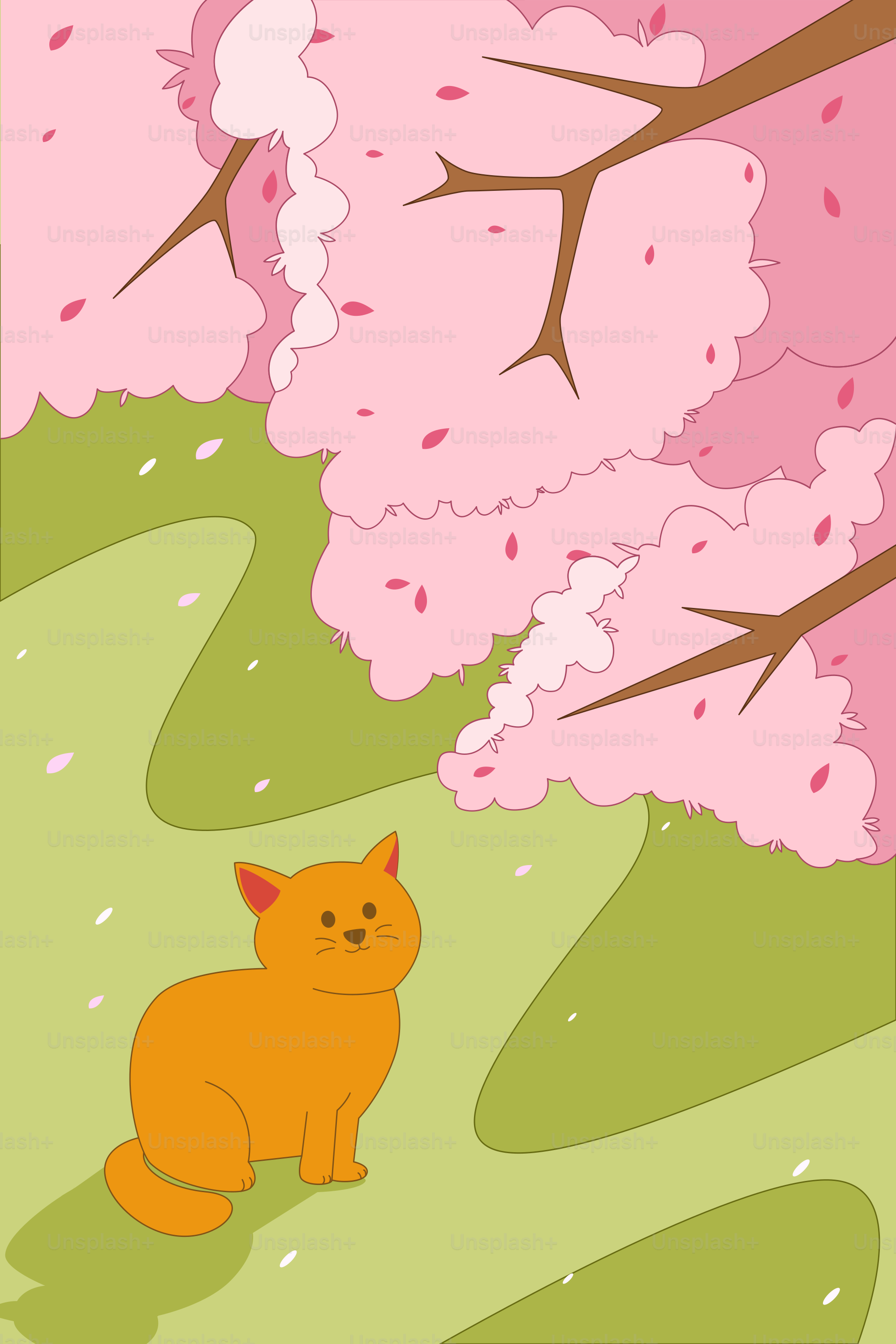 Un gatto seduto sull'erba sotto un albero