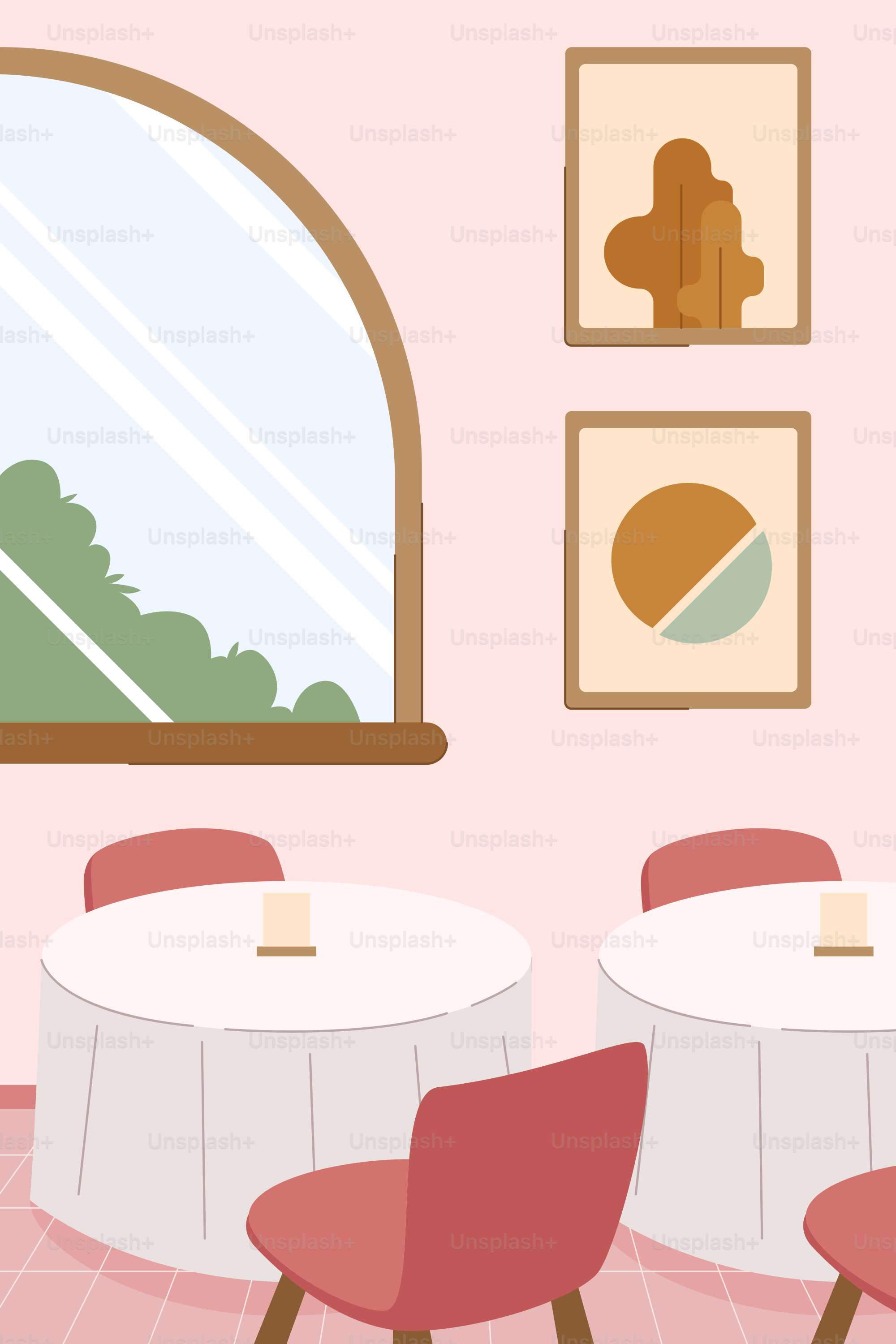 Una sala da pranzo con pareti, tavoli e sedie rosa