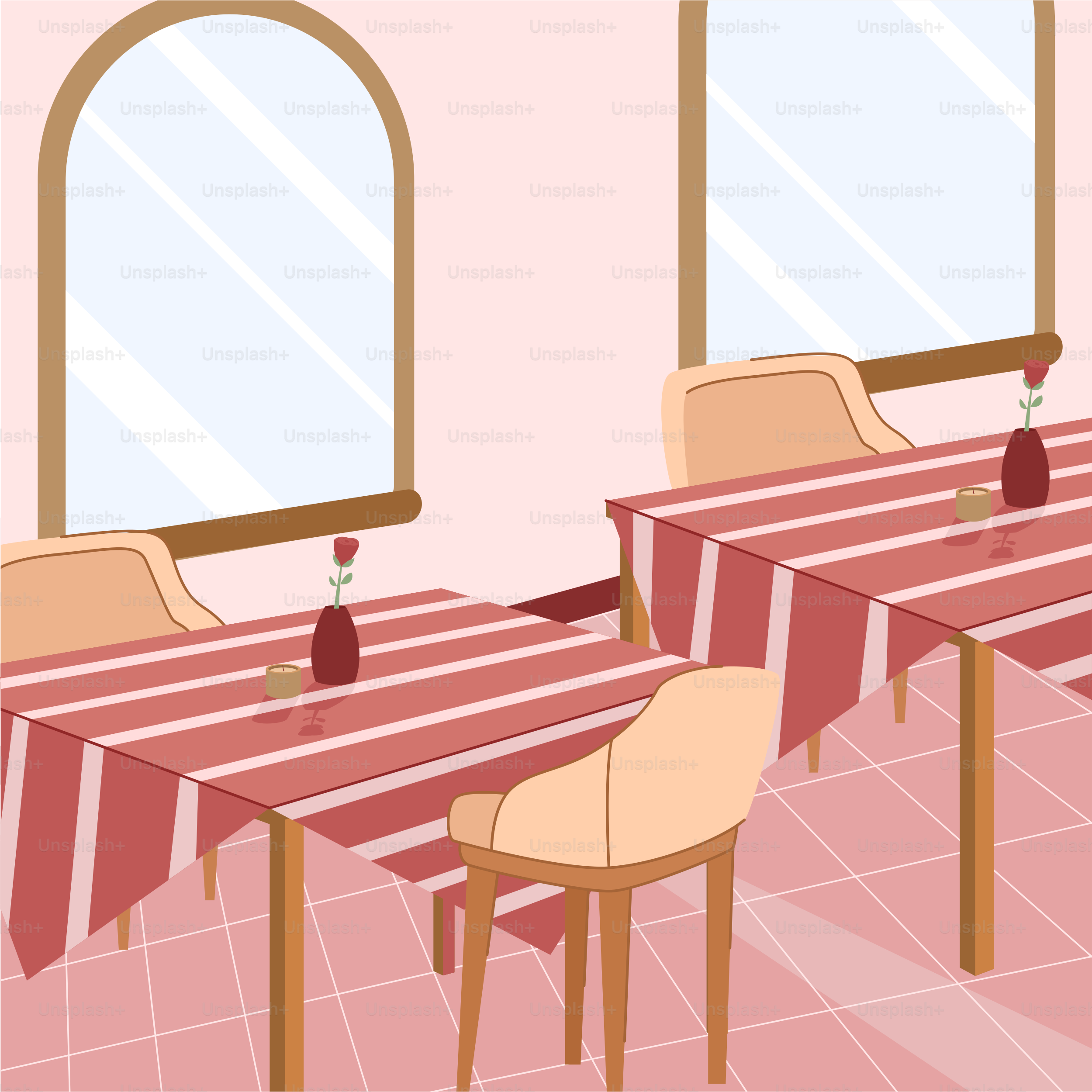 A room with a table and chairs and a mirror