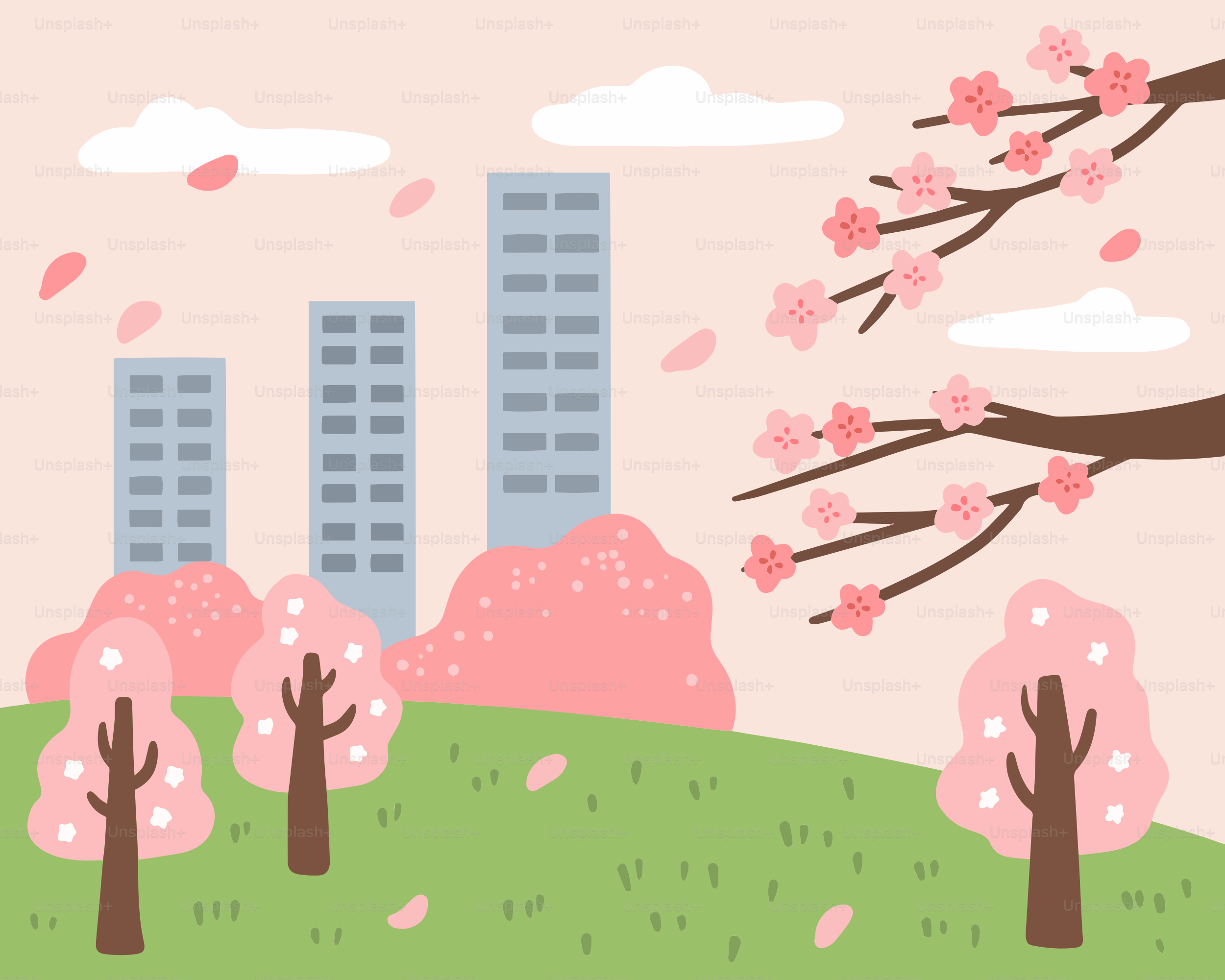 A cartoon of a park with trees and buildings in the background