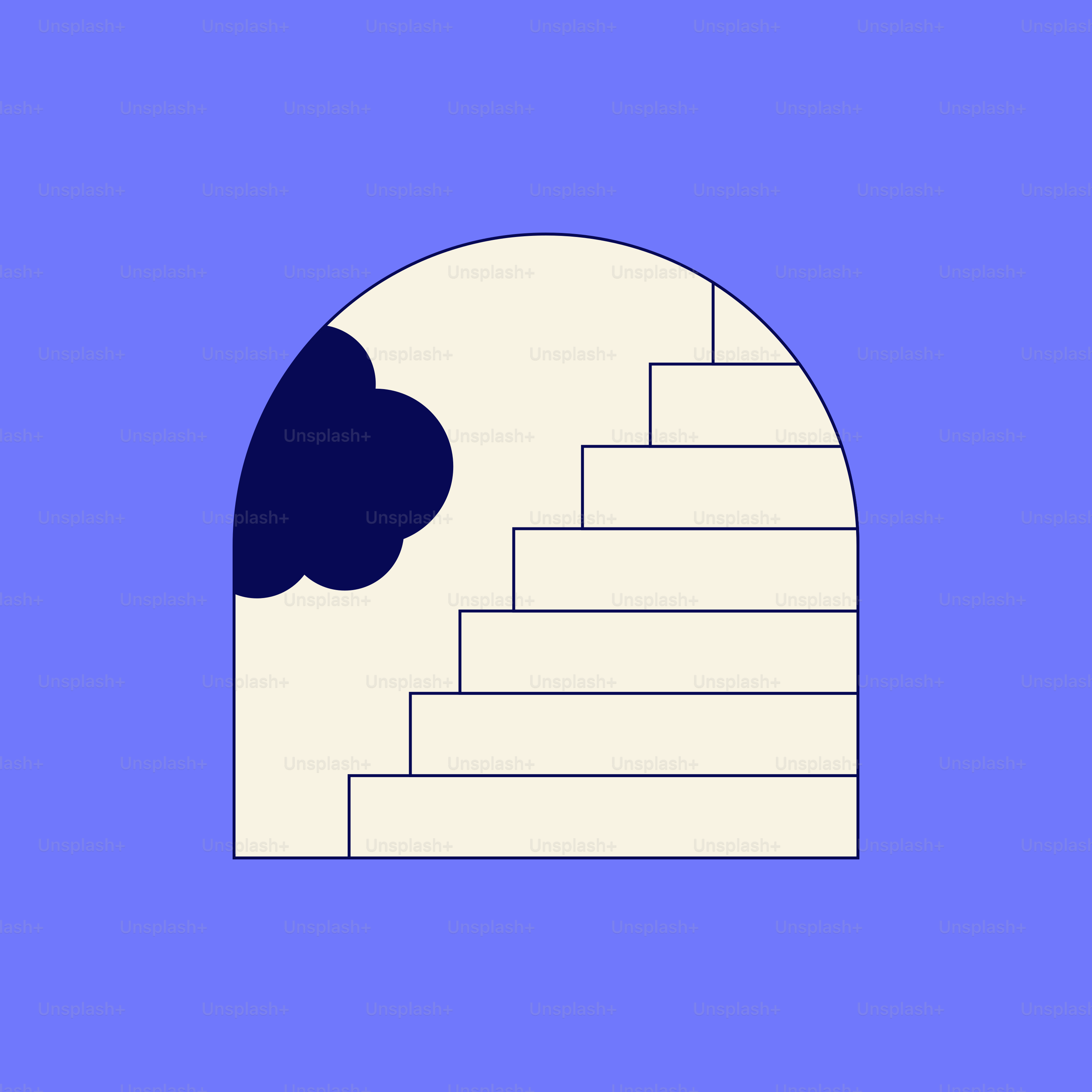 A blue background with a white arch and a black cloud