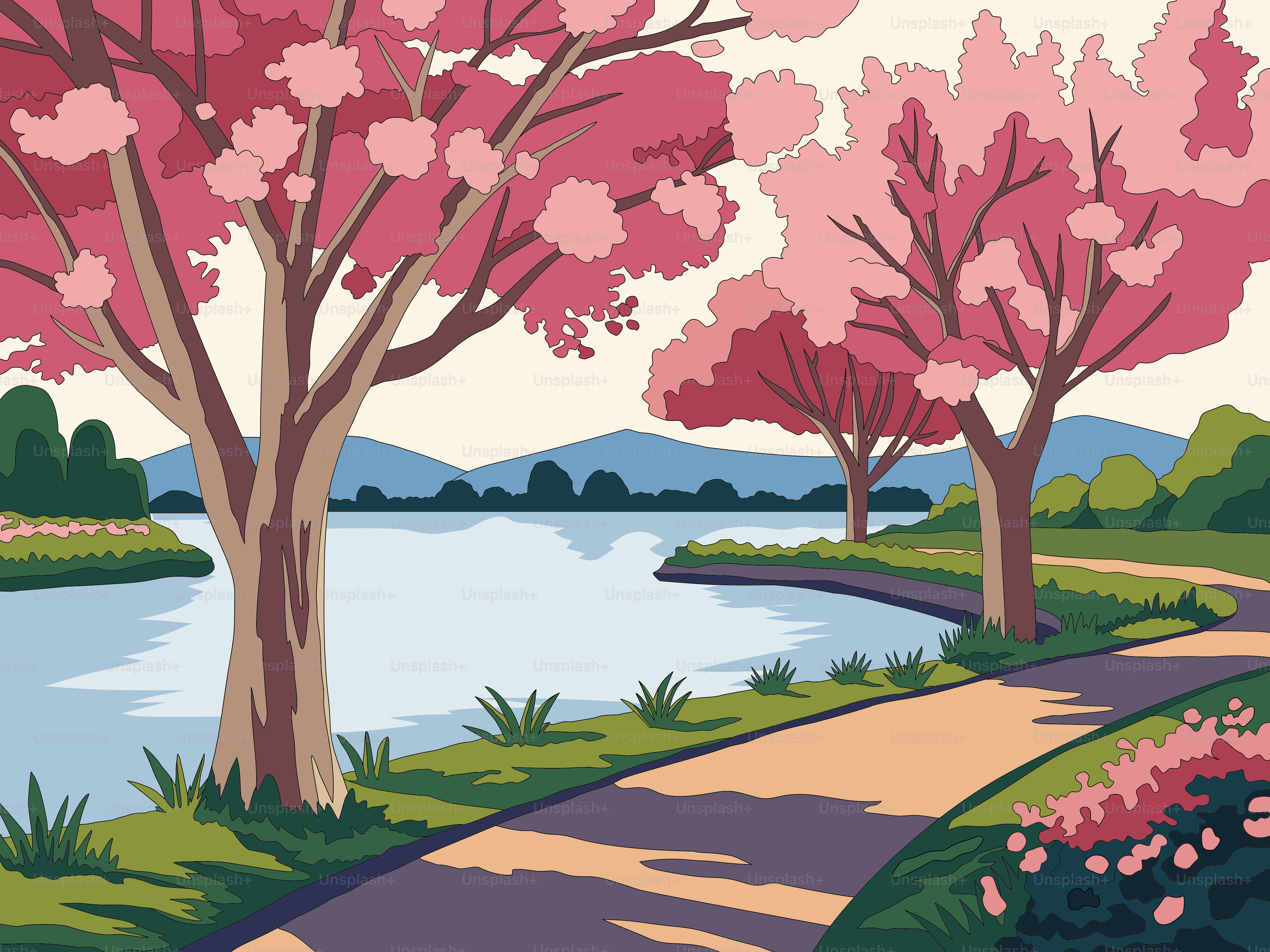 A painting of a path leading to a lake