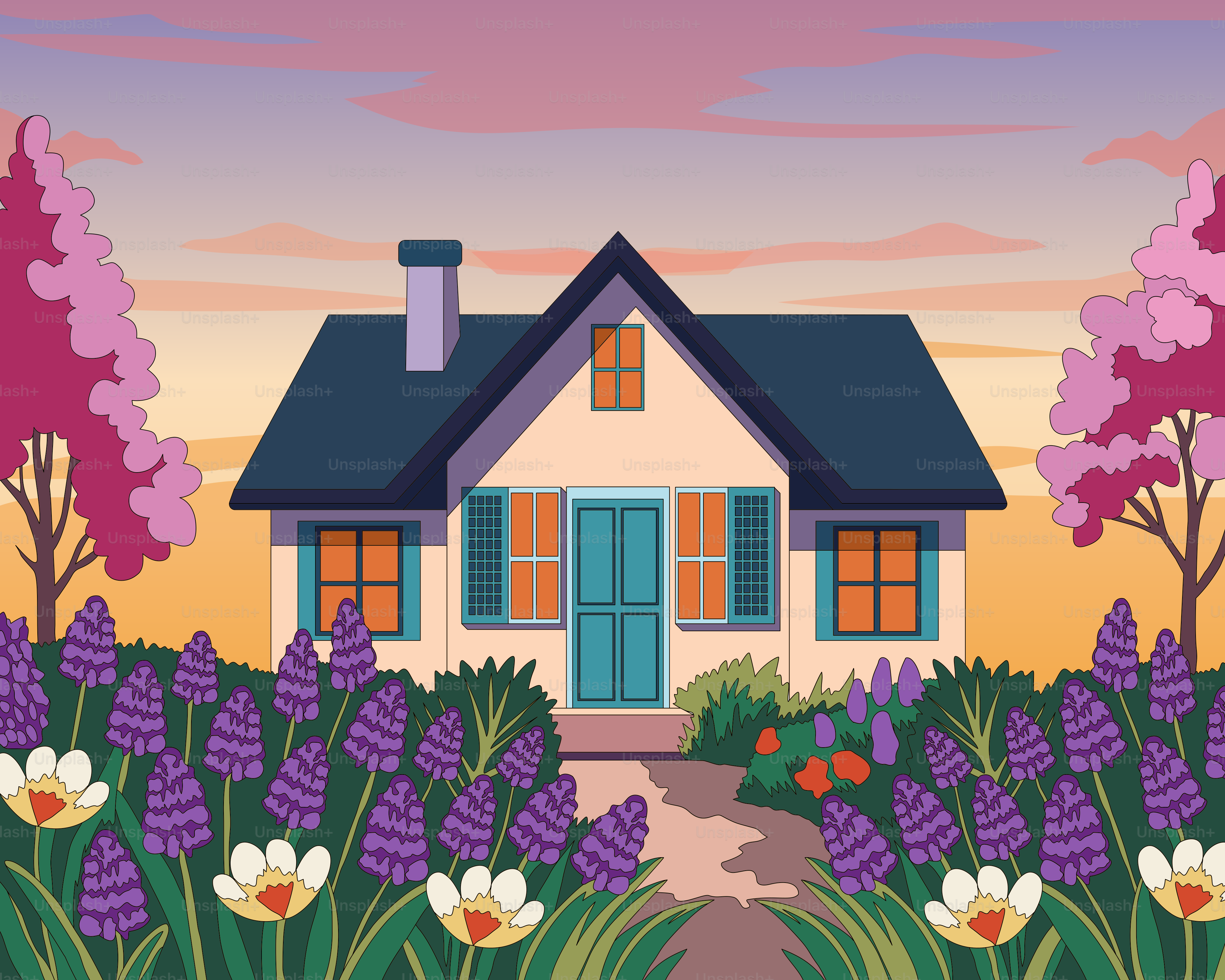 Une maison entourée de fleurs et d’arbres violets