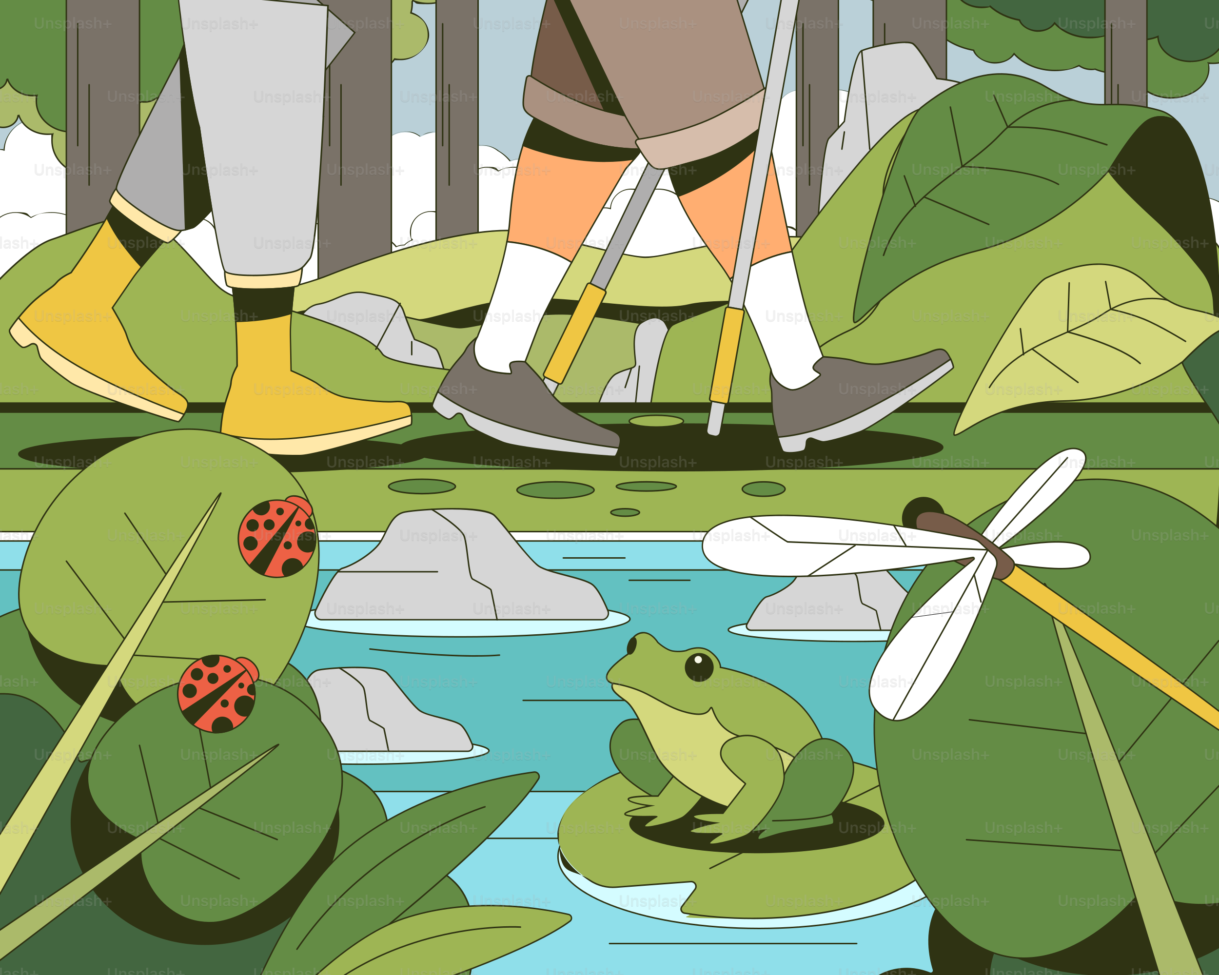 Un homme traversant une rivière à côté d’une grenouille