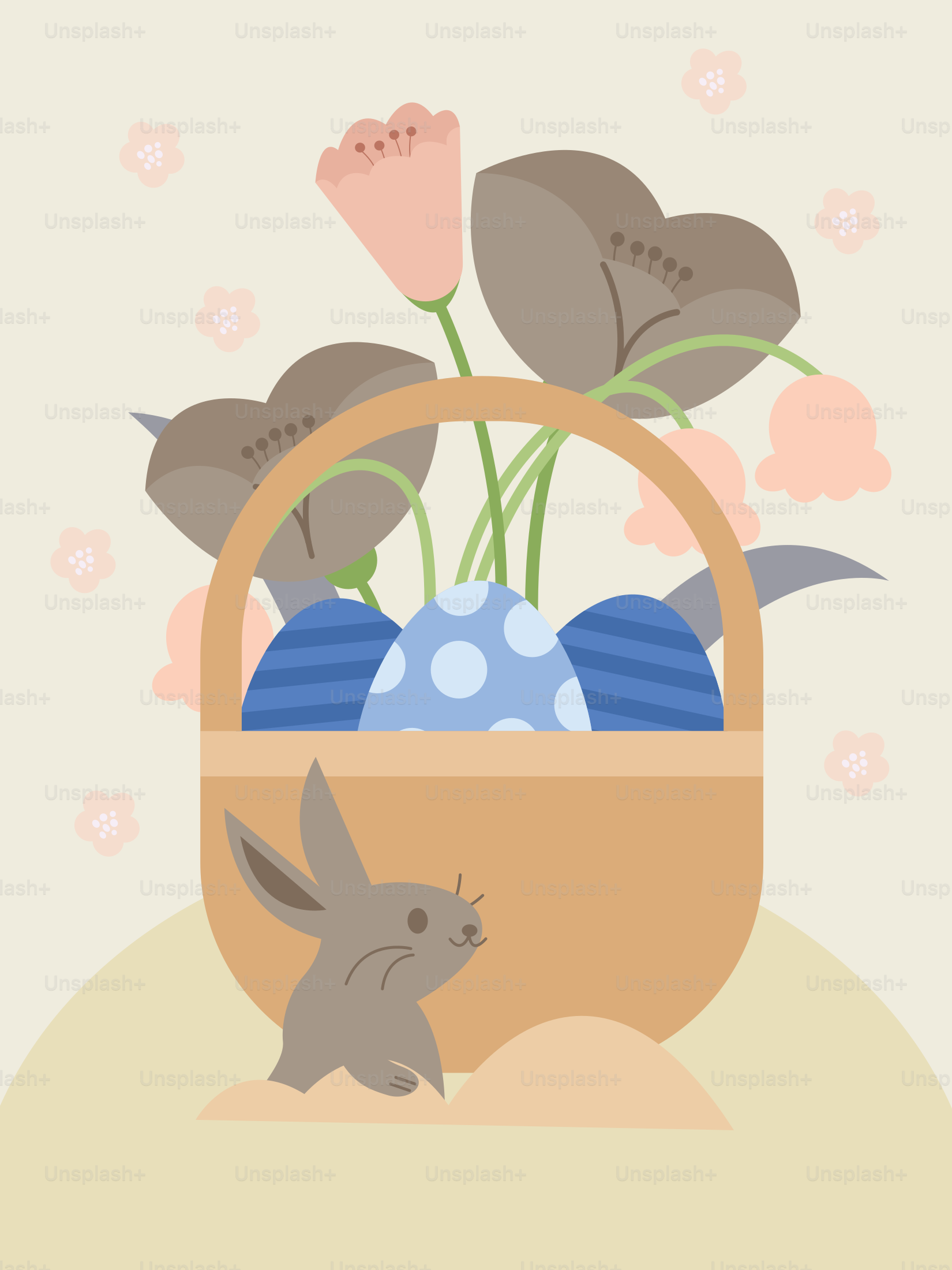 Un cesto con fiori e un coniglietto al suo interno