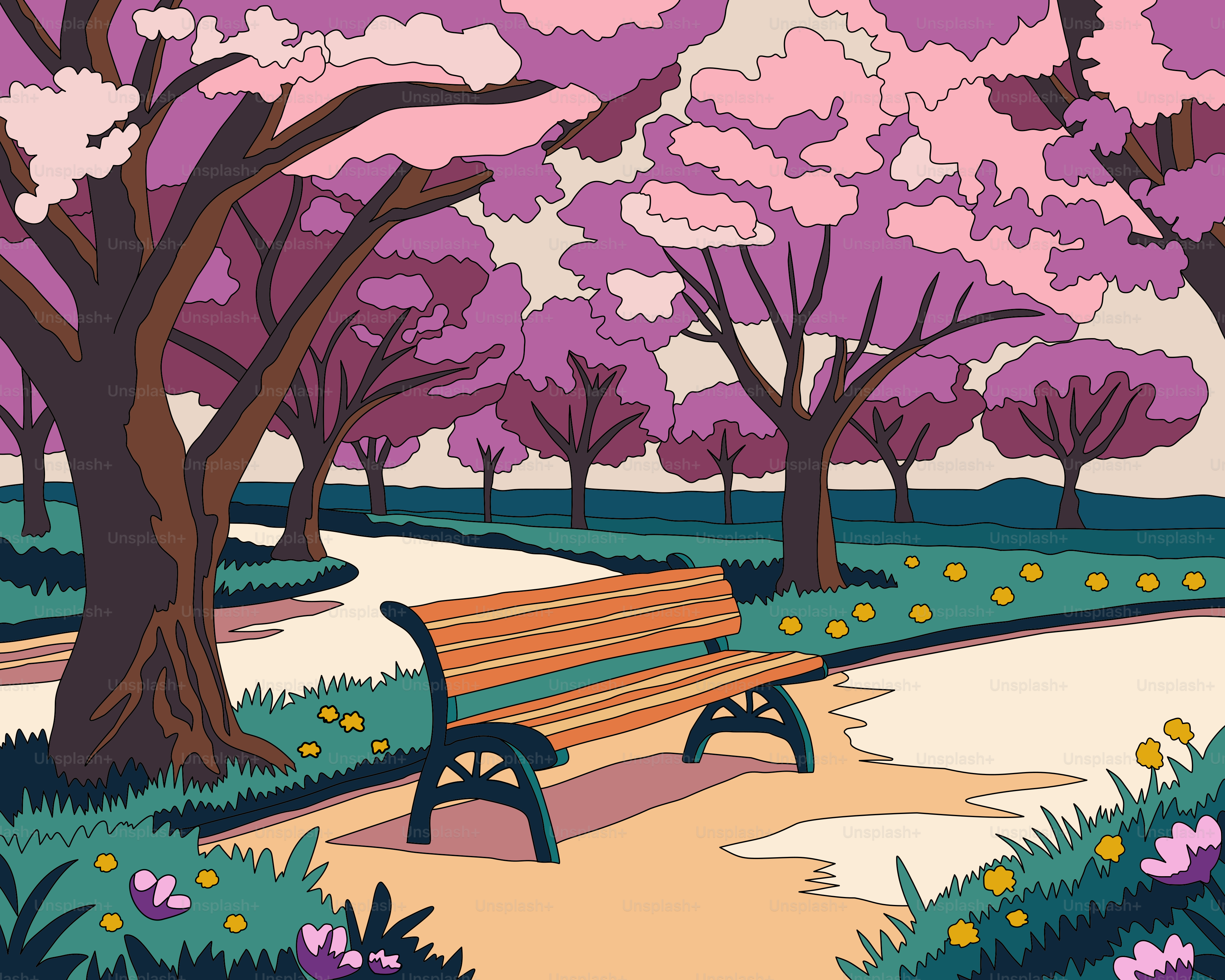 A painting of a park with benches and trees