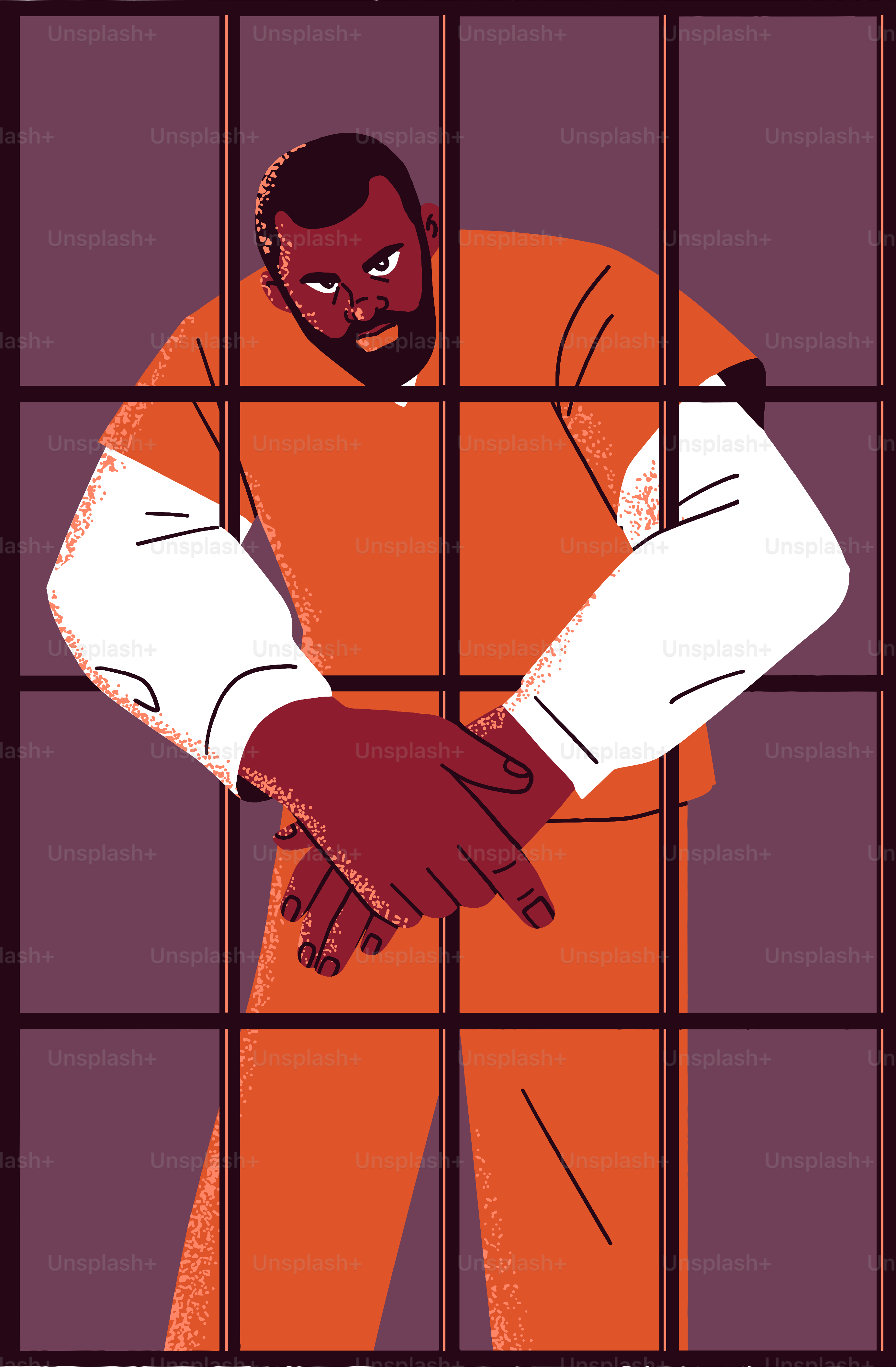 Un homme en uniforme orange de prison derrière les barreaux