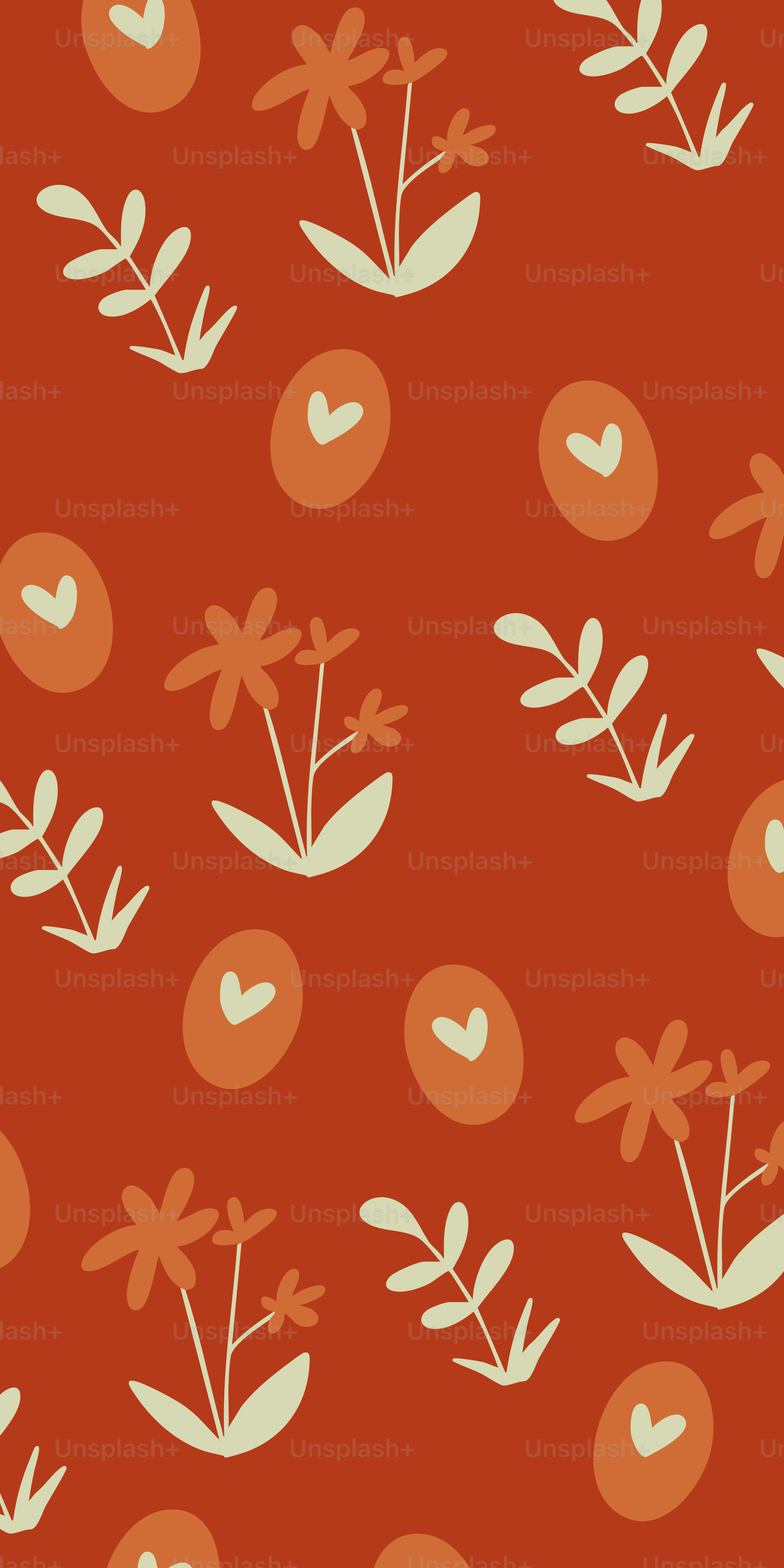 Un motif de feuilles et de cœurs sur fond rouge