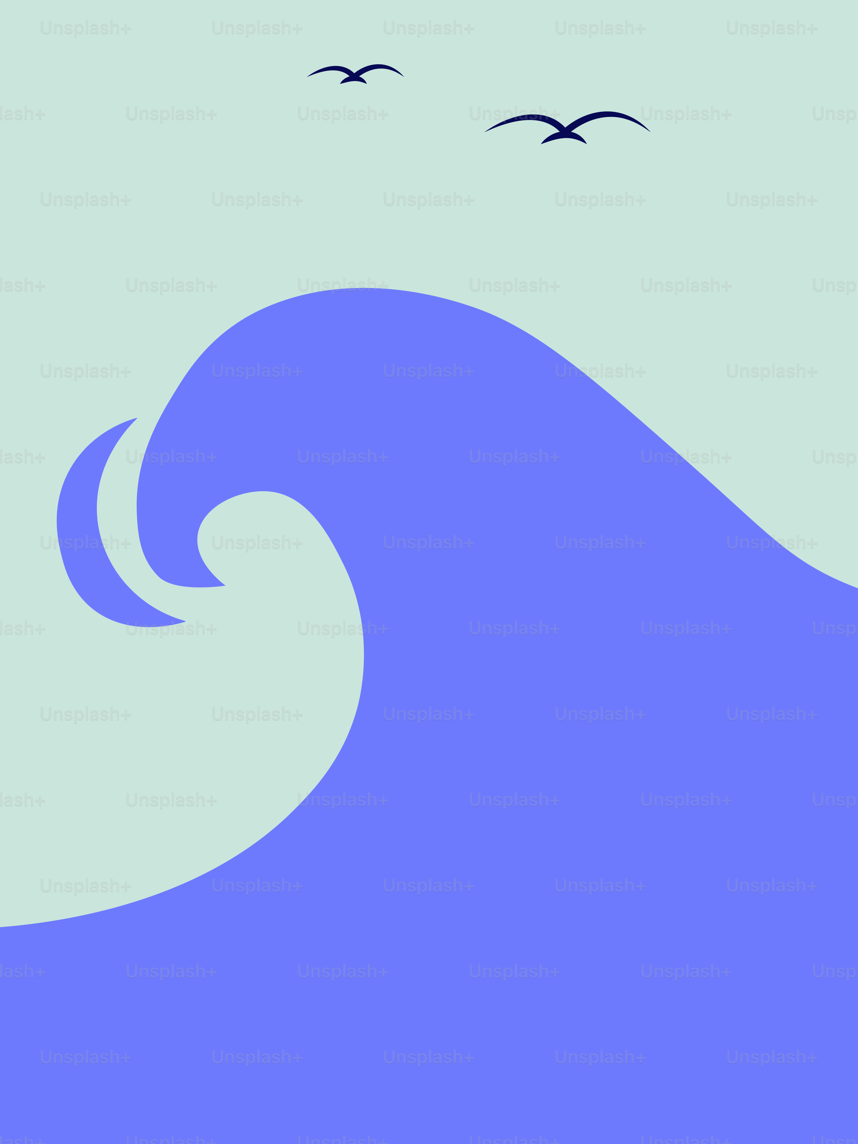 A blue wave with birds flying over it