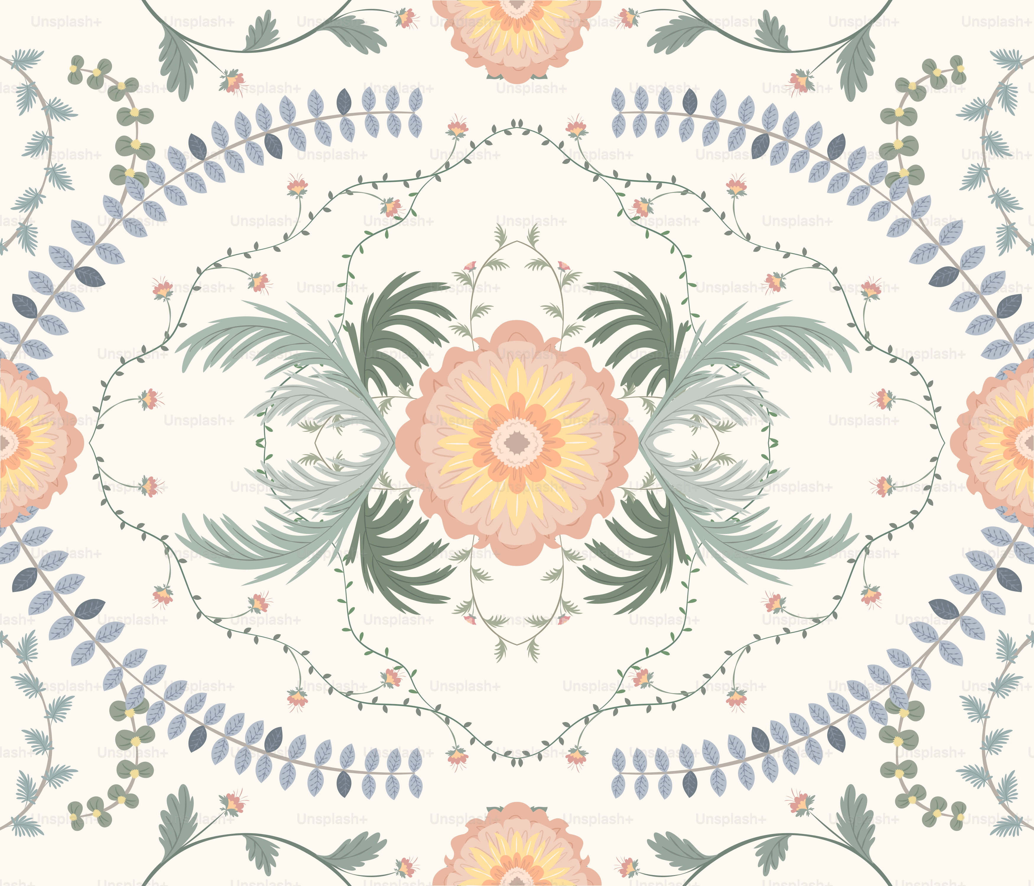 A white and orange floral pattern with leaves and flowers