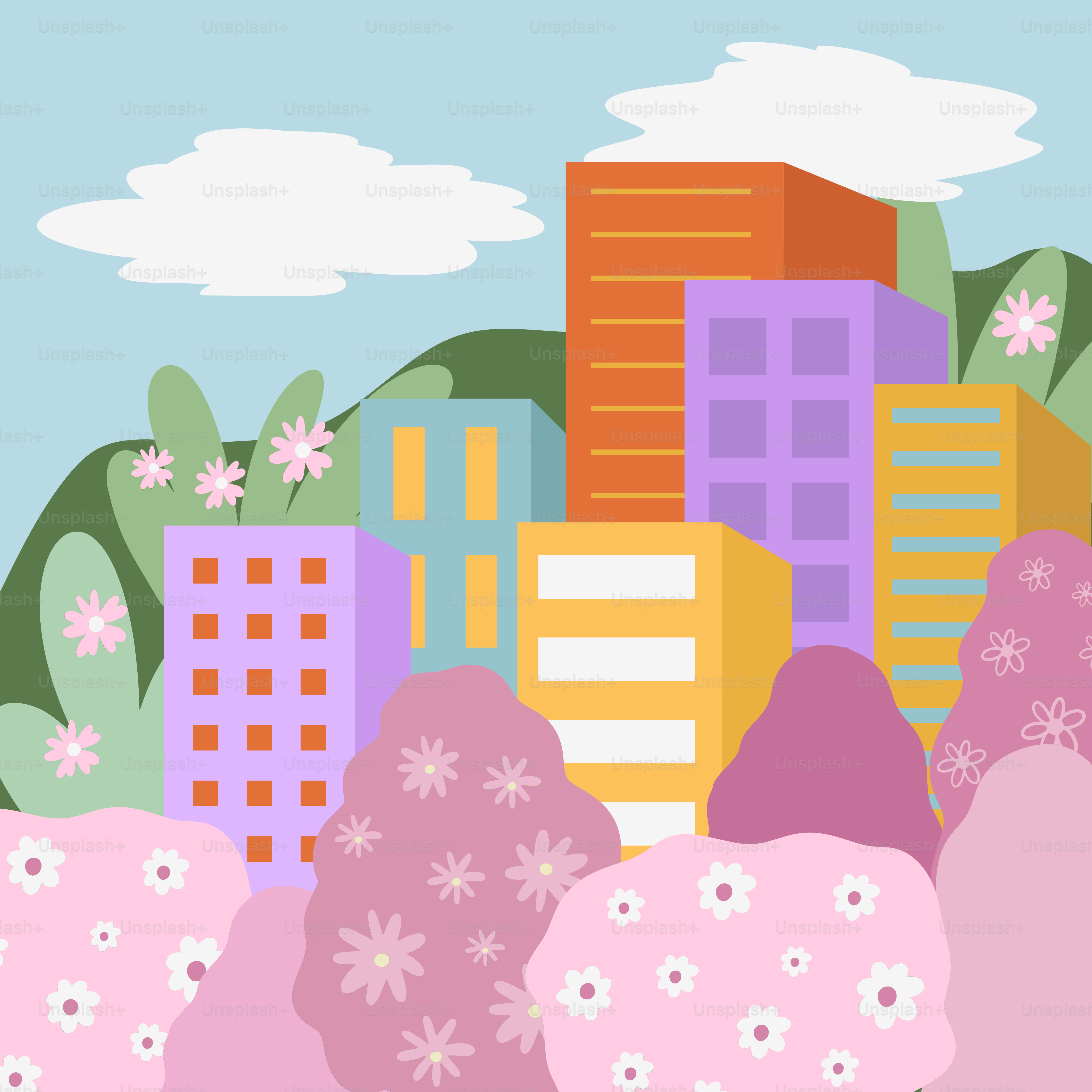 A cartoon of a city with trees and buildings
