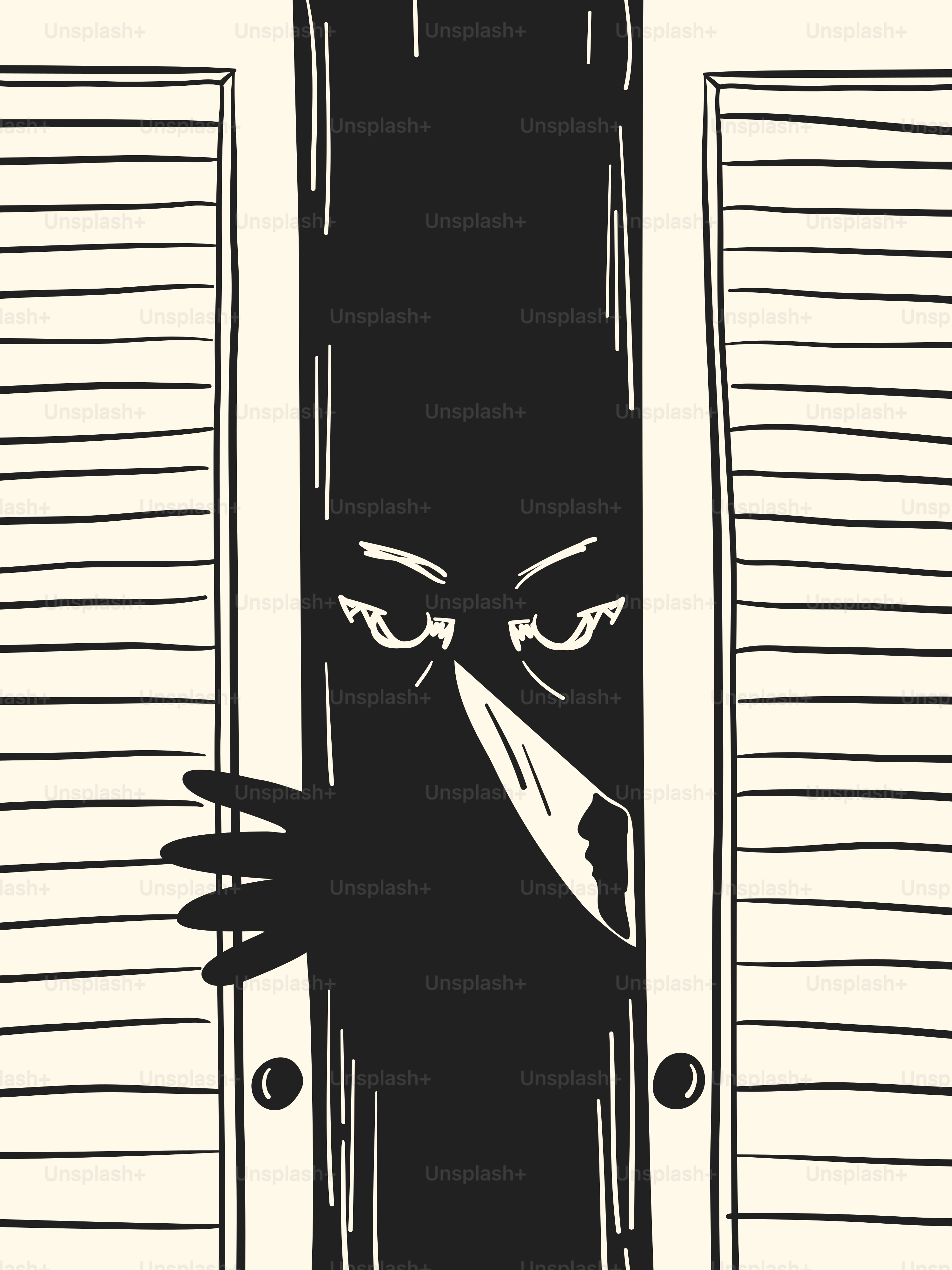 Um desenho em preto e branco de um gato espiando pela porta