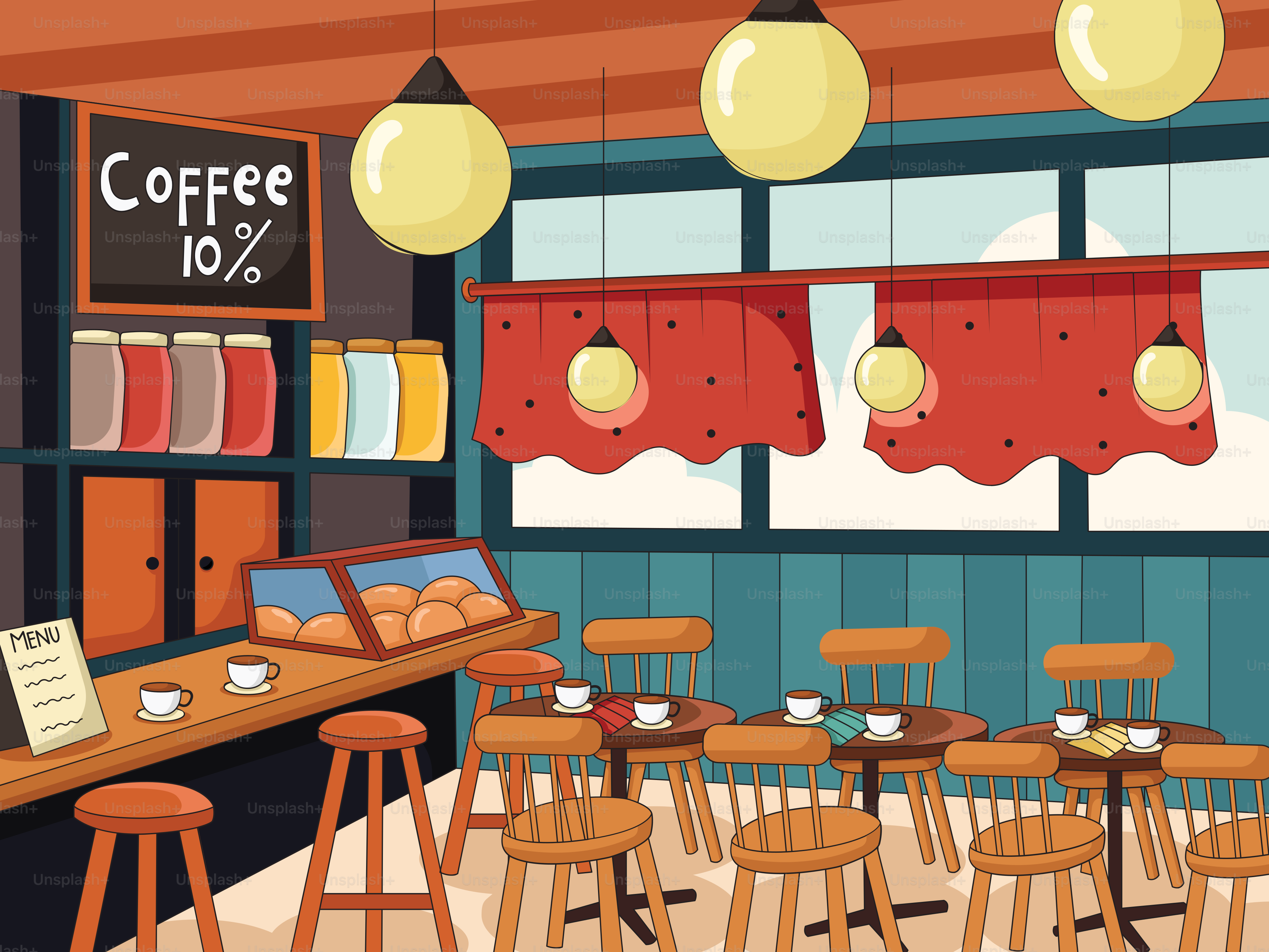 A coffee shop with lots of wooden stools