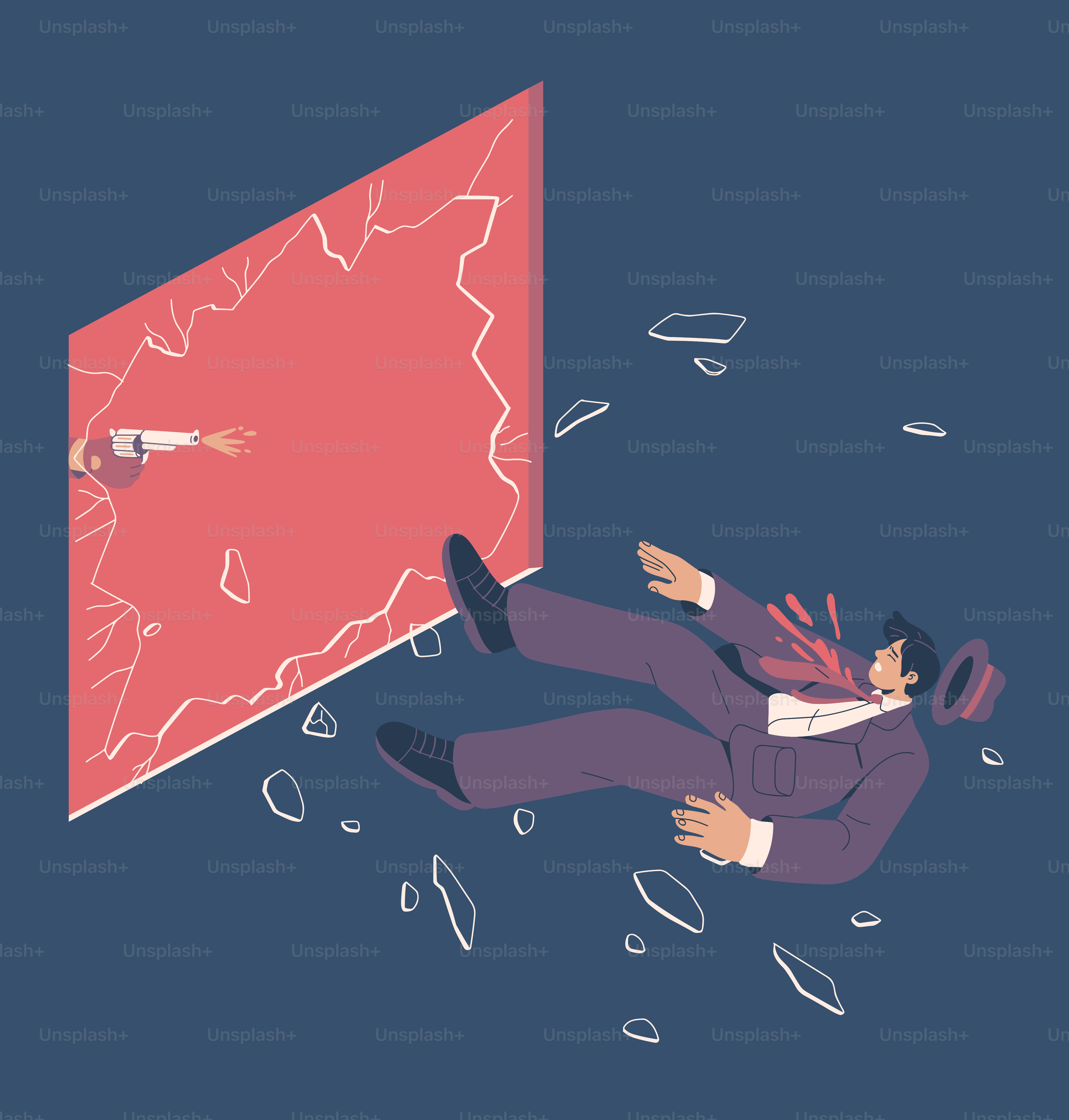 정장 입은 남자가 큰 스크린에서 떨어지는 모습